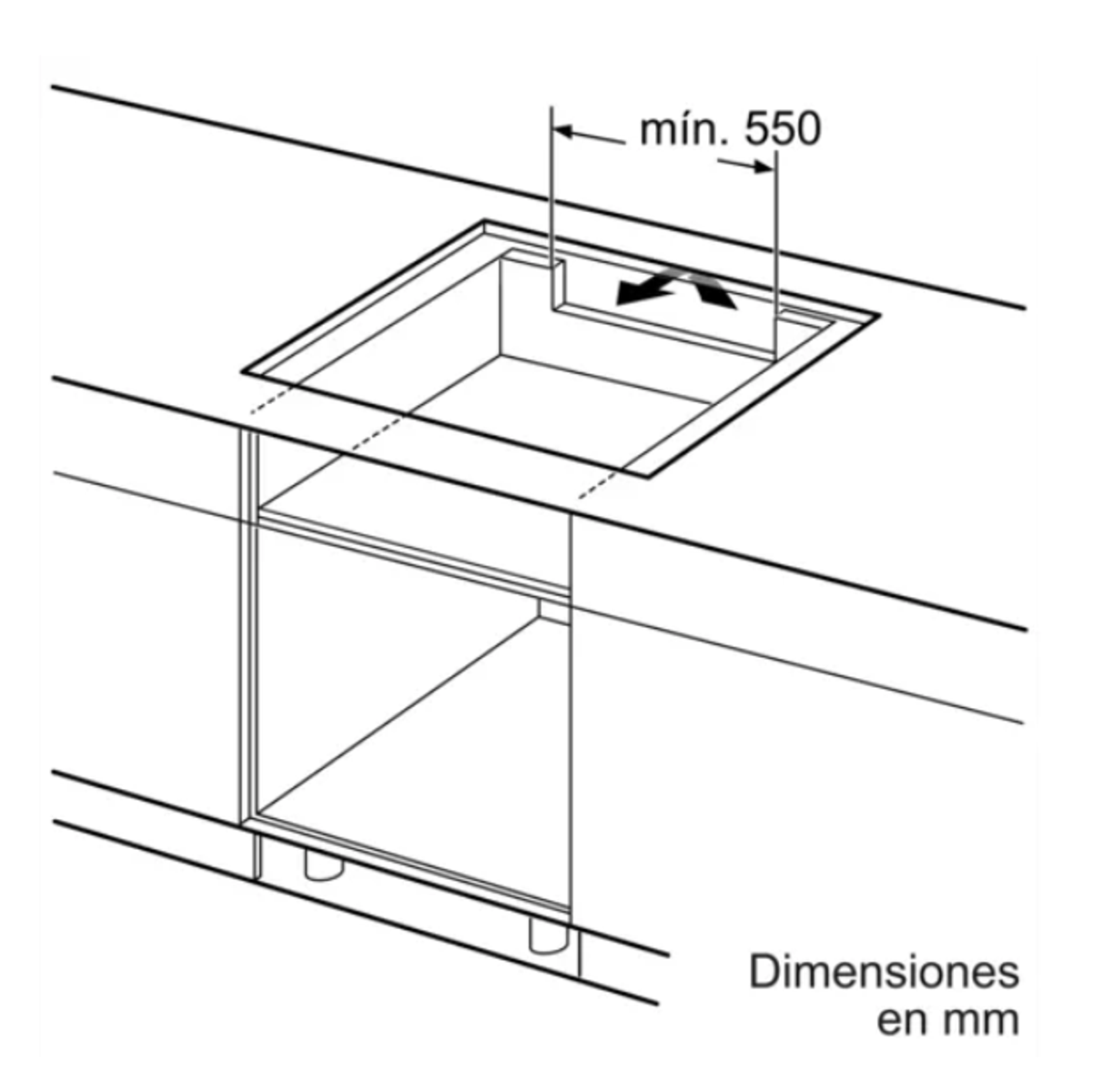 Una vista dall'alto di un piano di lavoro della cucina con un ritaglio quadrato, con dimensioni in mm.