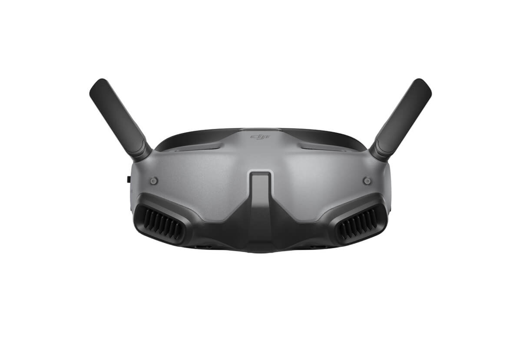 Graue FPV-Drohnenbrille mit zwei nach oben abgewinkelten Antennen, auf weißem Hintergrund.