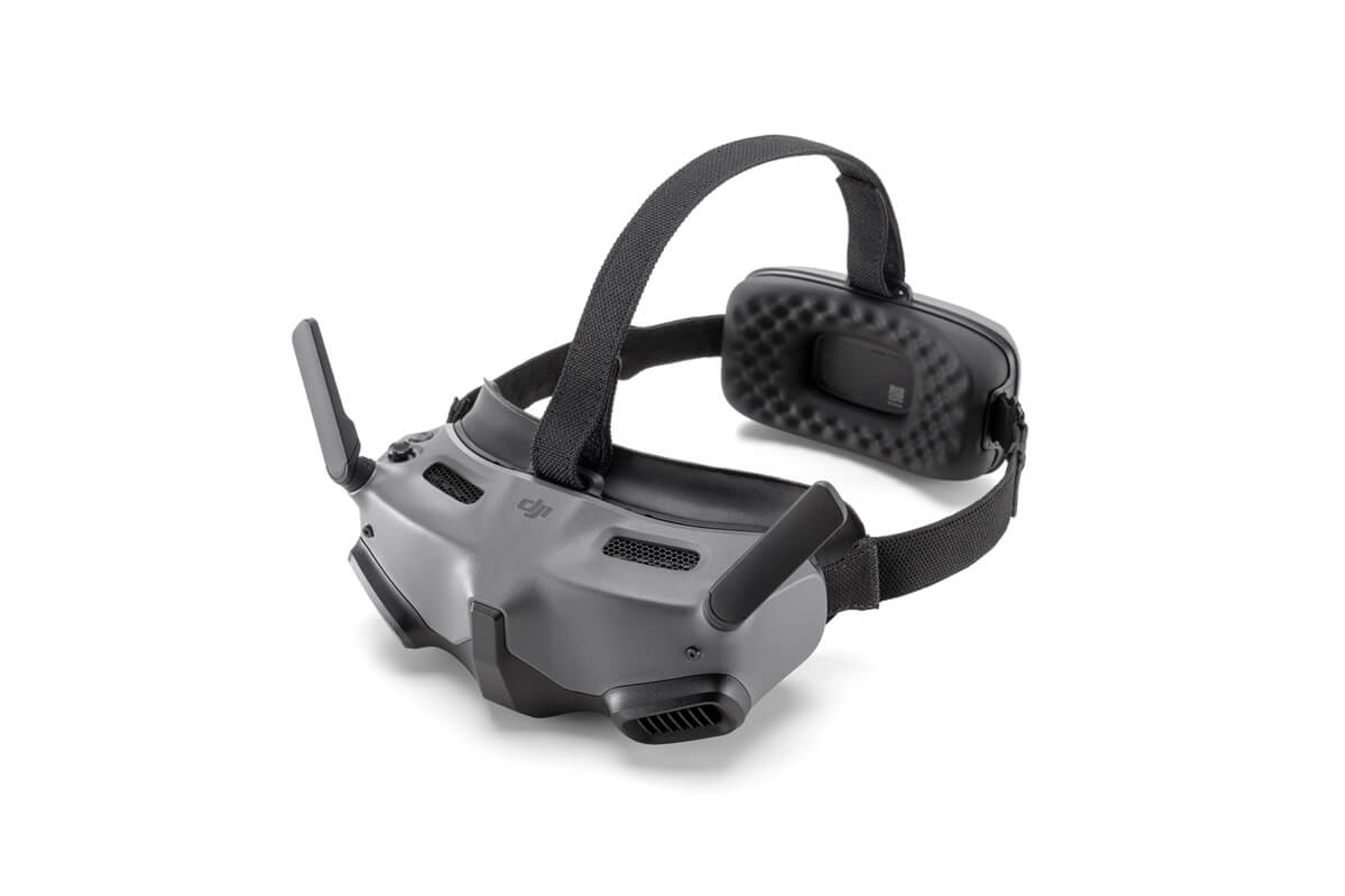 Ein graues VR-Headset mit Kopfband und zwei Antennen.