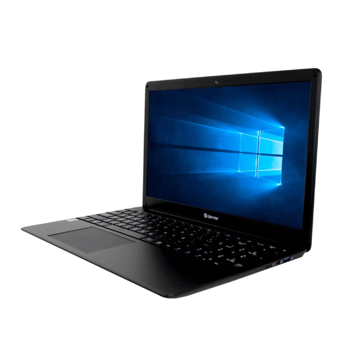 Laptop nero con schermo che mostra un'interfaccia Windows blu su sfondo bianco.