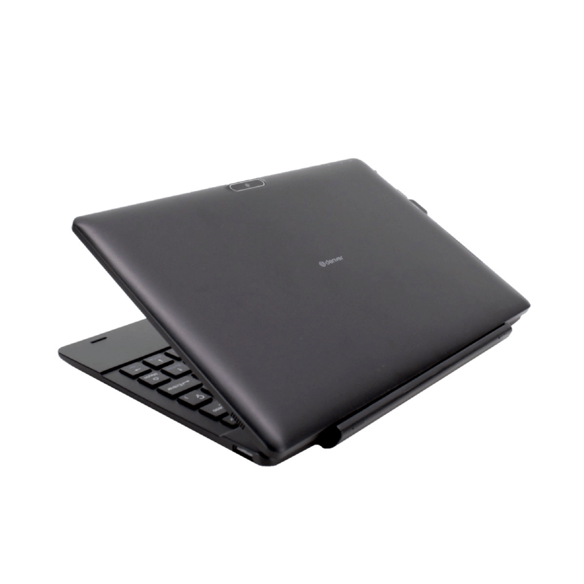 Tablet nero con tastiera collegata. Il tablet è parzialmente aperto, mostrando lo schermo.