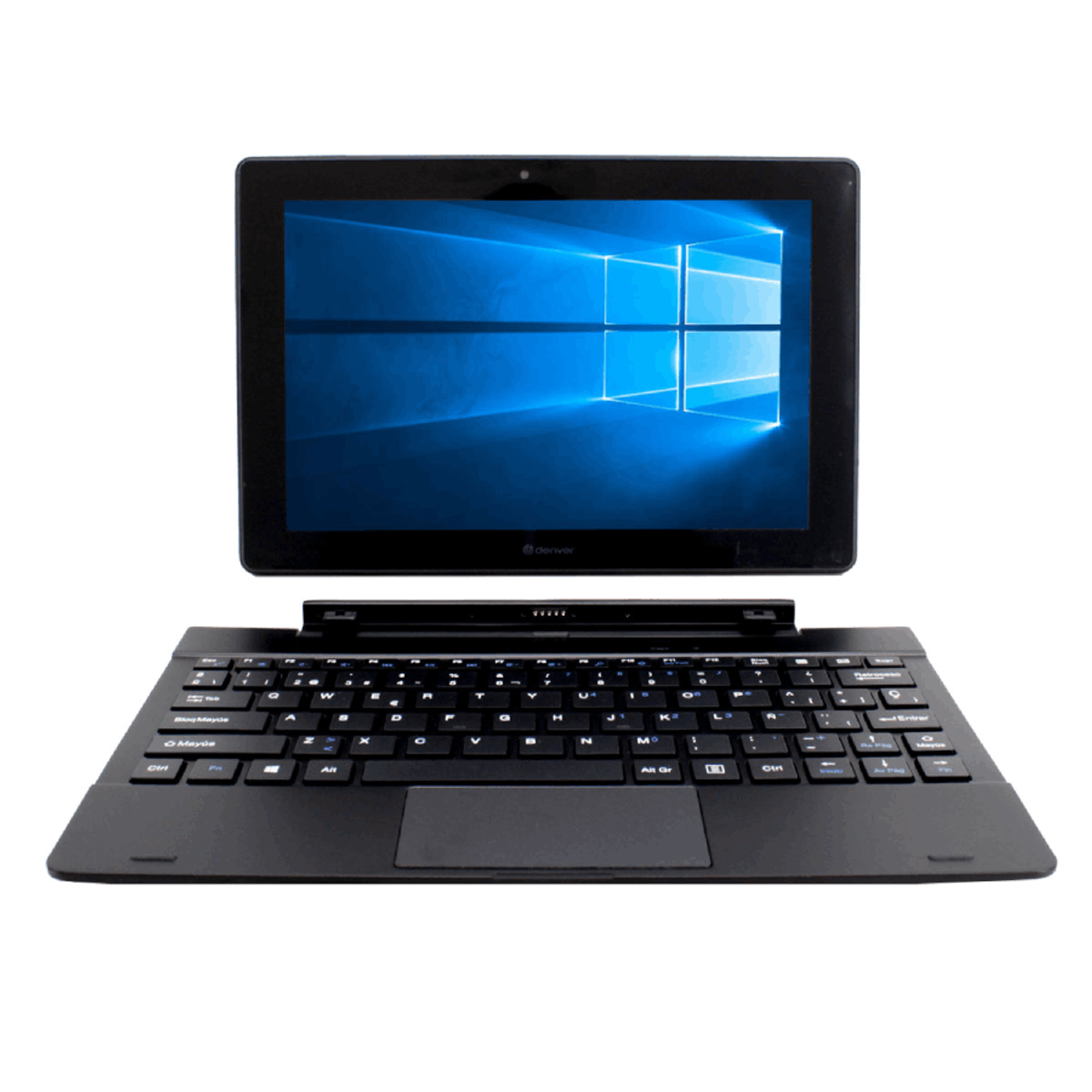 Un tablet nero con tastiera, che mostra uno schermo Windows blu.