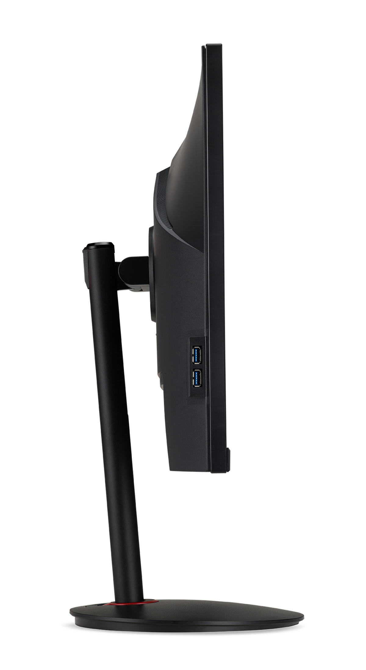 Widok z boku czarnego monitora komputera z czarną podstawą i czerwoną podstawą.