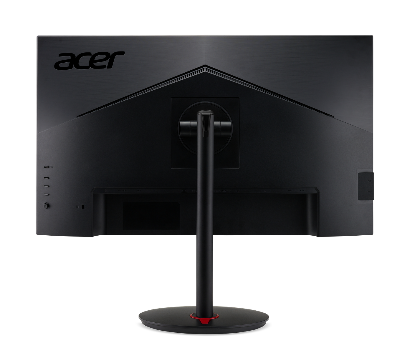Tył czarnego monitora komputerowego z logo Acer. Widoczny stojak i porty.