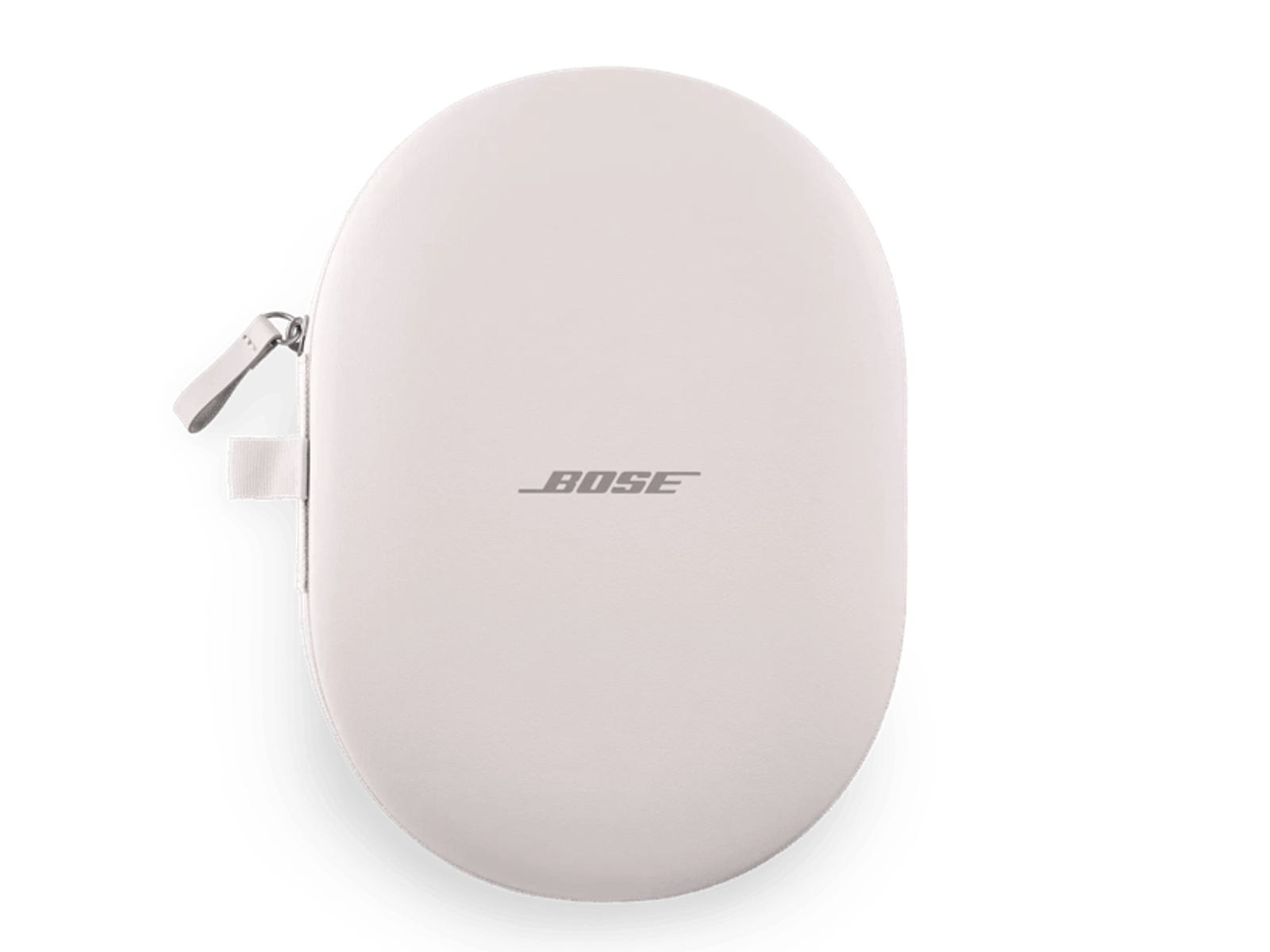 Białe, okrągłe etui na słuchawki Bose z logo, na ciemnym tle.