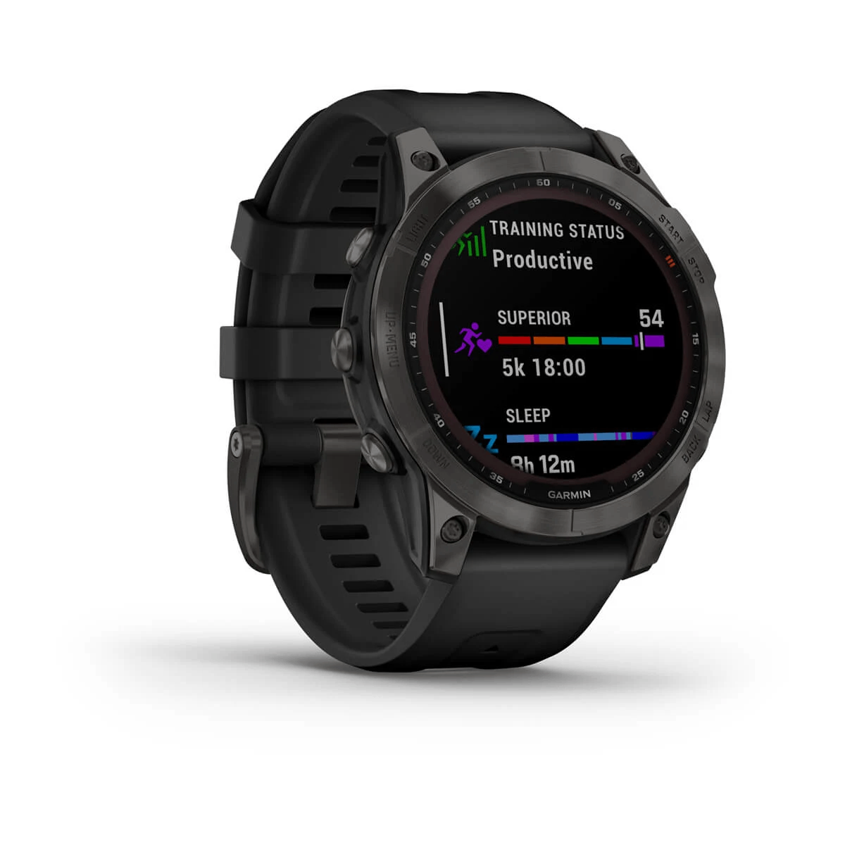Zwarte Garmin smartwatch met display met hardloopstatistieken: afstand, hartslag en tijd.