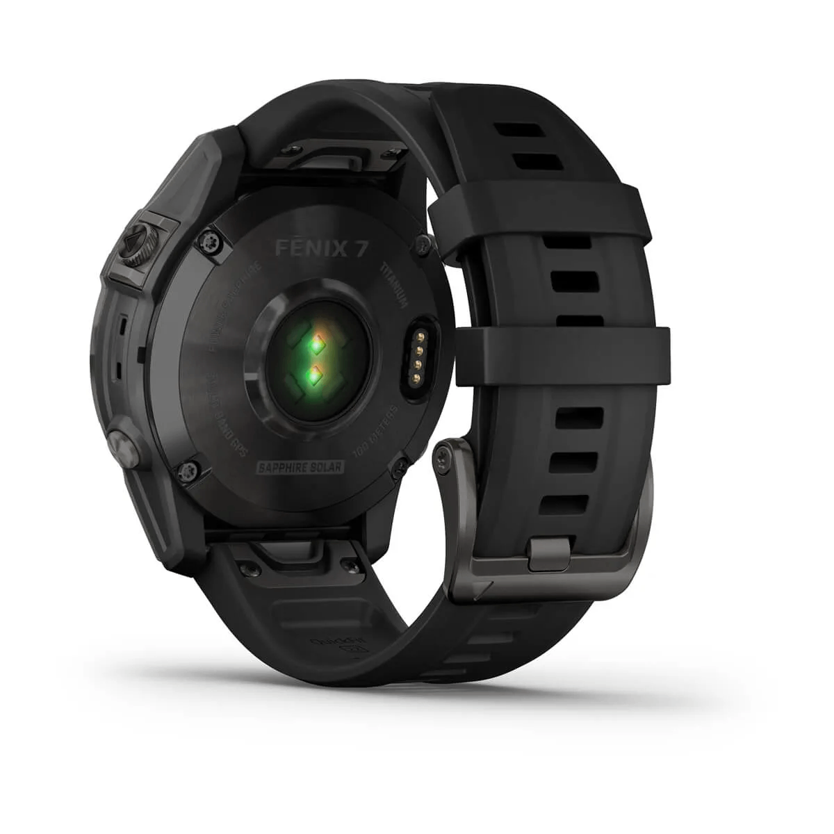 Een zwart Garmin Fenix 7 horloge met de achterkant en hartslagsensor op wit.