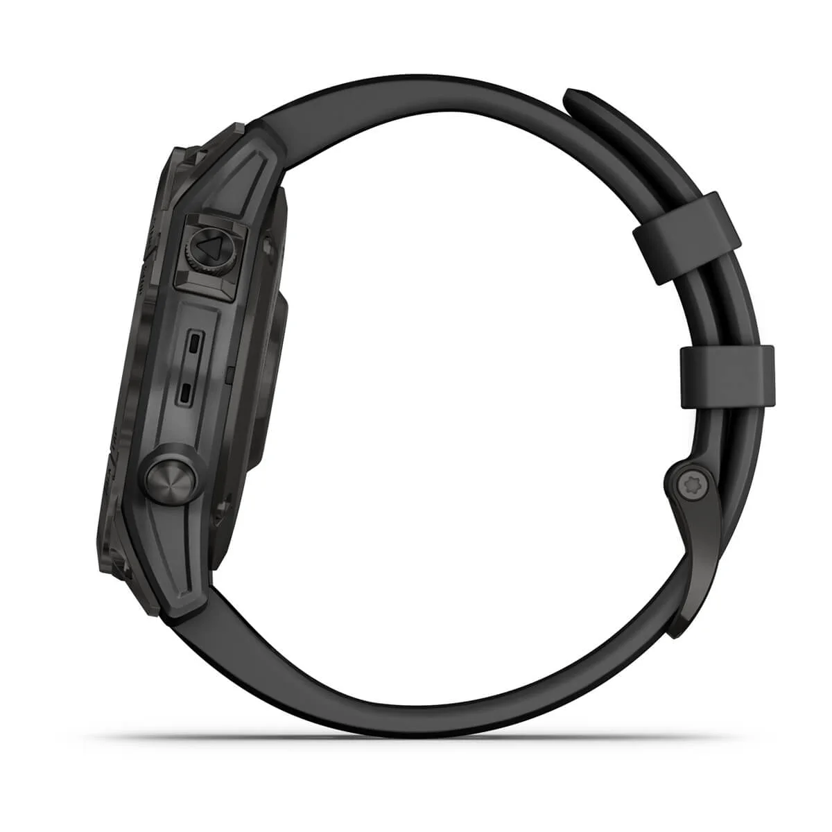 Zwarte Garmin smartwatch, zijaanzicht. Het heeft een zwarte band en een strak design.