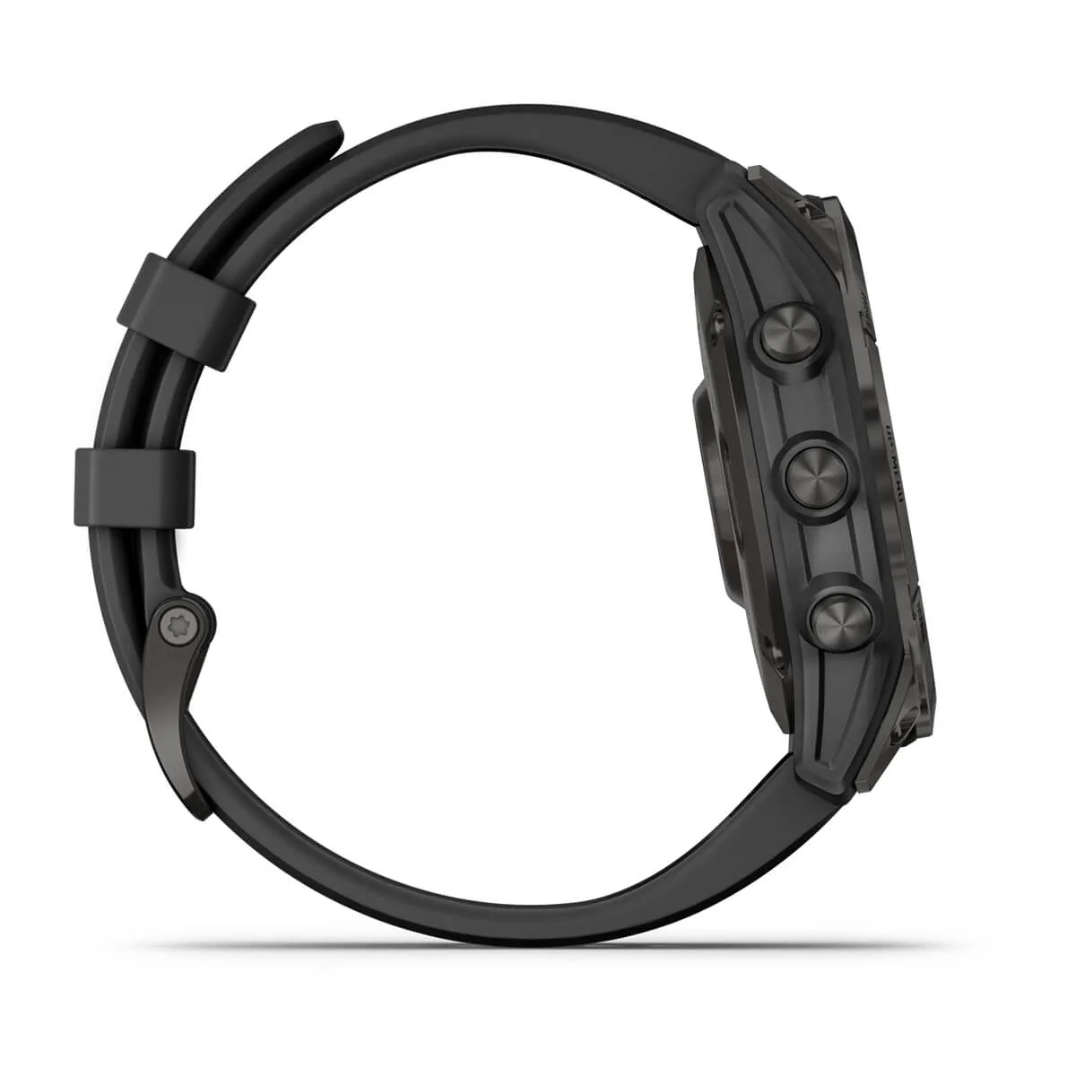 Zijaanzicht van een zwarte smartwatch. Heeft een zwarte band en drie knoppen.