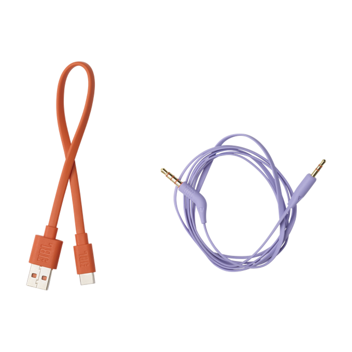 Due cavi: USB arancione a USB-C e cavo audio viola.