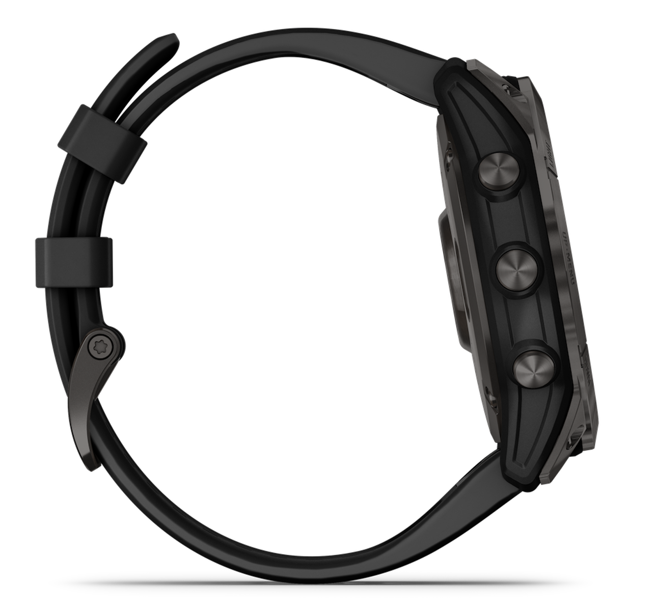 Seitenansicht einer schwarzen Smartwatch mit schwarzem Armband, mit drei Knöpfen auf der rechten Seite.