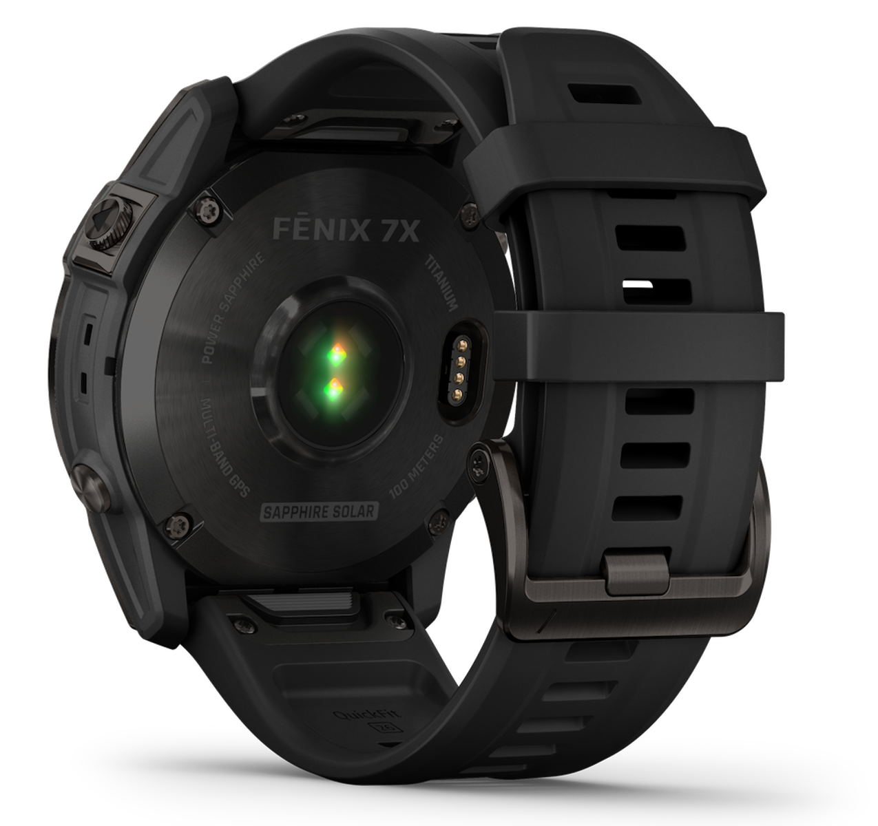 Eine schwarze Smartwatch mit schwarzem Armband, die Rückseite mit Sensoren und Branding zeigend.
