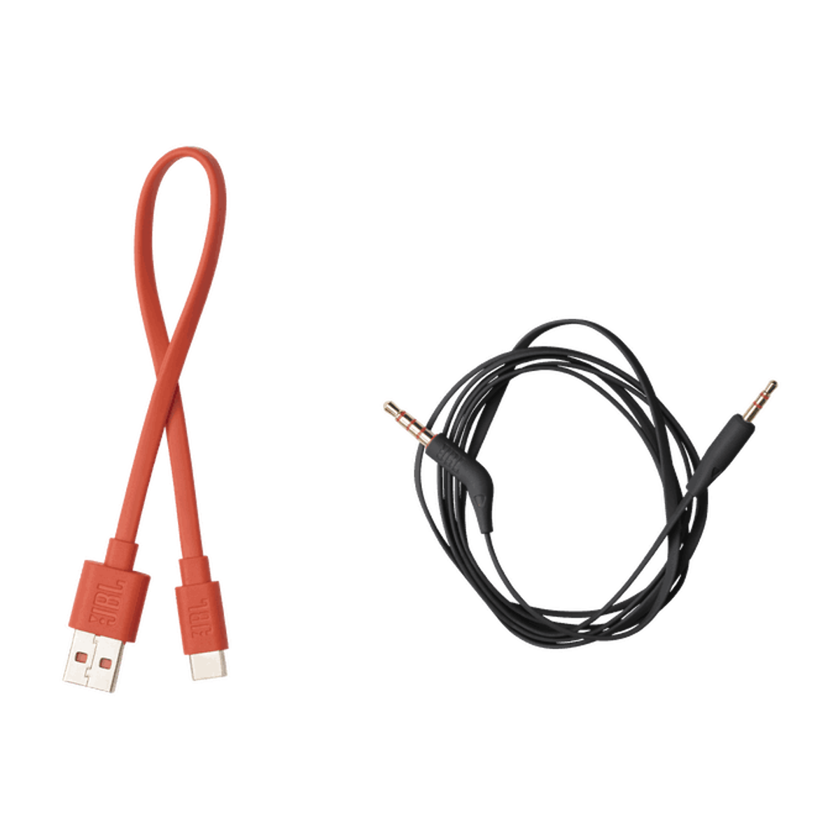 Dwa kable ładujące, jeden pomarańczowy USB-C i jeden czarny kabel audio z gniazdami 3,5 mm.