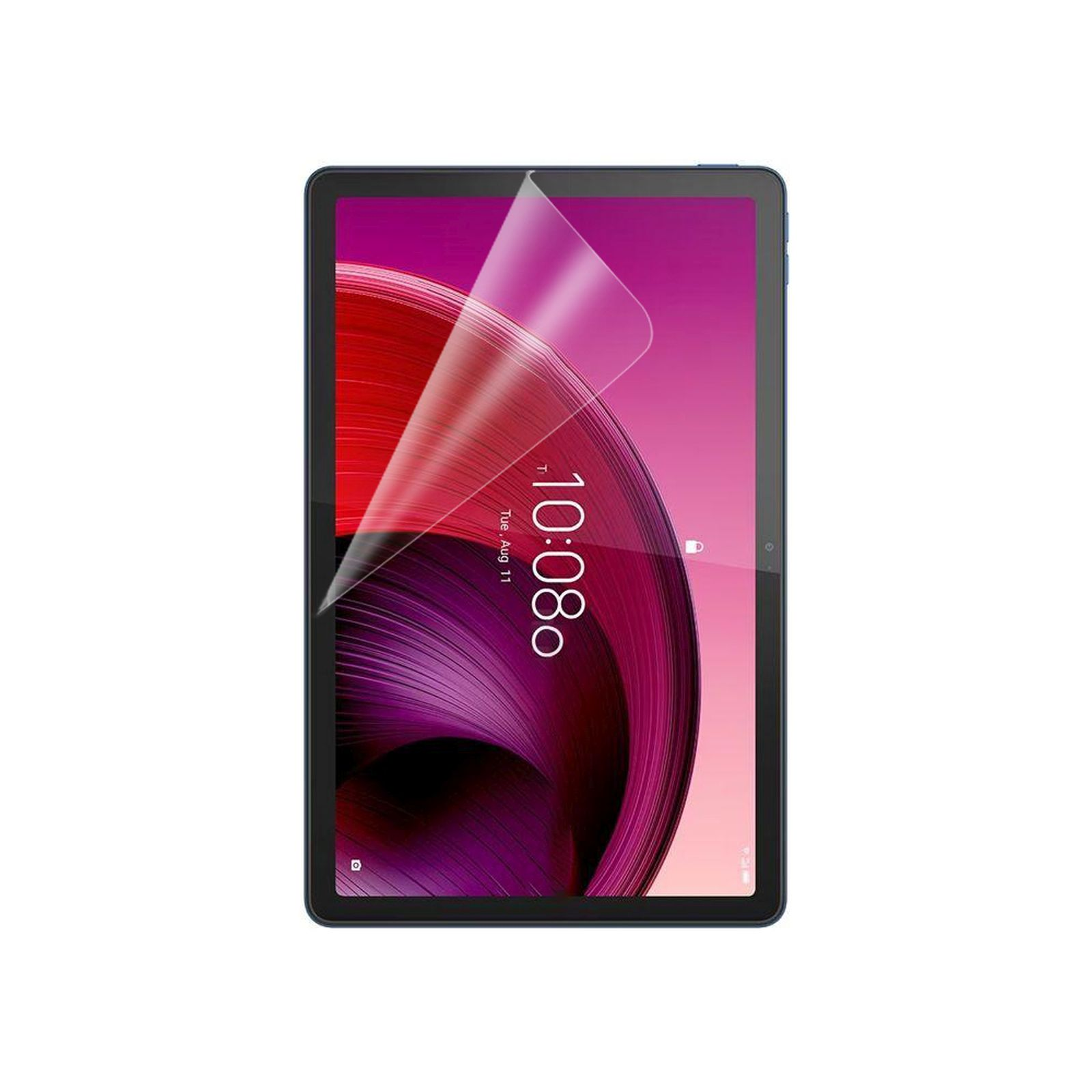 Tablet con interfaccia. Pellicola protettiva applicata. Cornice blu scuro. Ora: 10:08.
