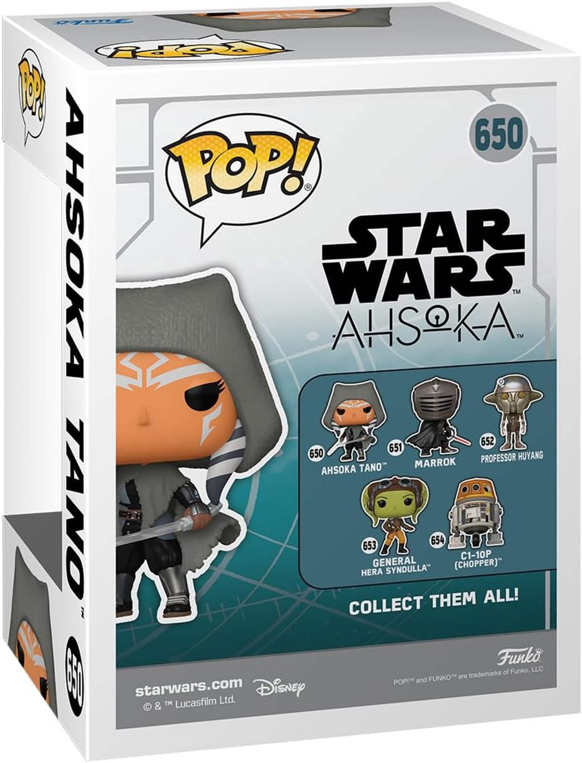 Eine Funko Pop-Box mit Ahsoka Tano aus Star Wars. Die Box zeigt Bilder anderer Charaktere.