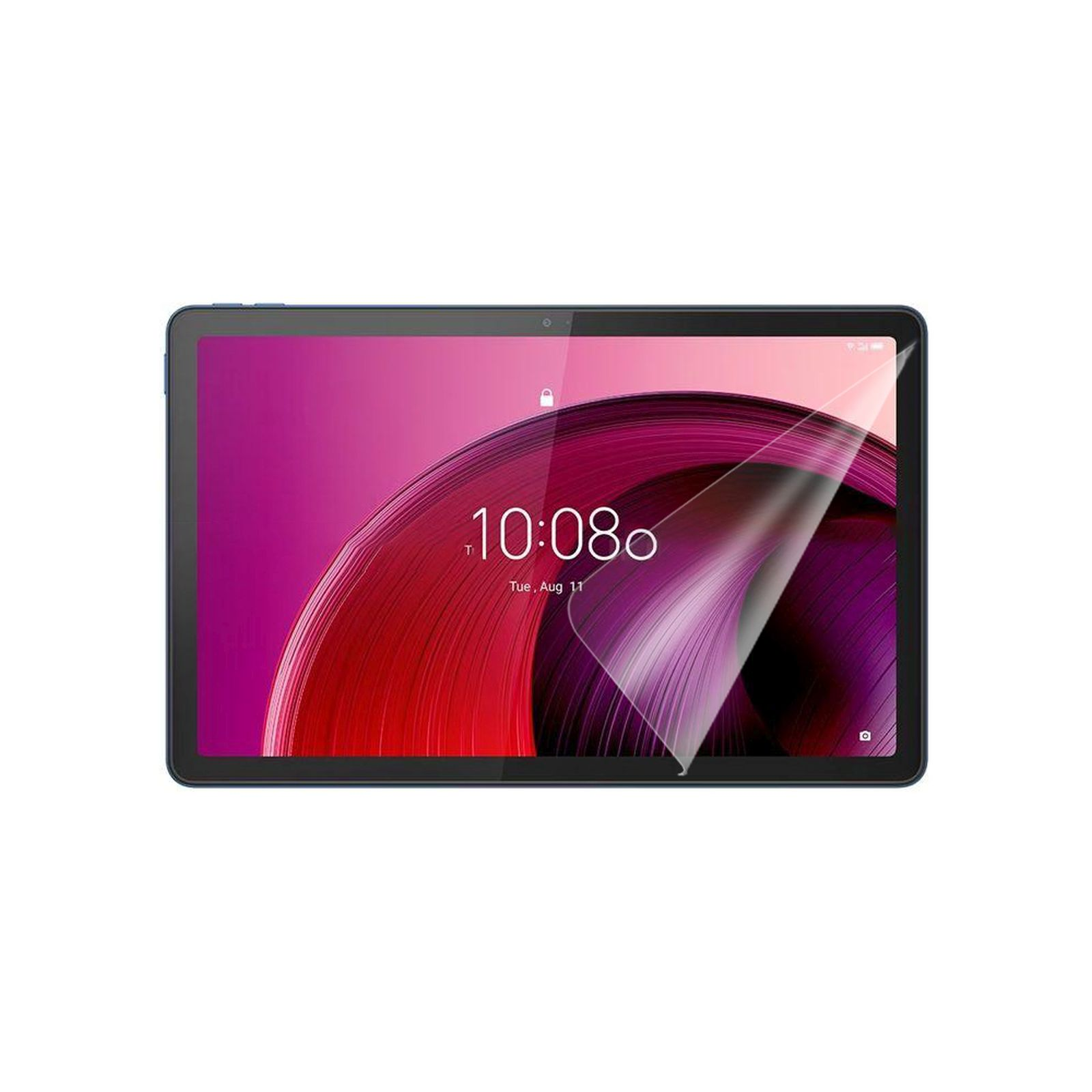 Lo schermo del tablet mostra l'ora alle 10:08, con un bordo blu. Lo sfondo è di colore rosato.