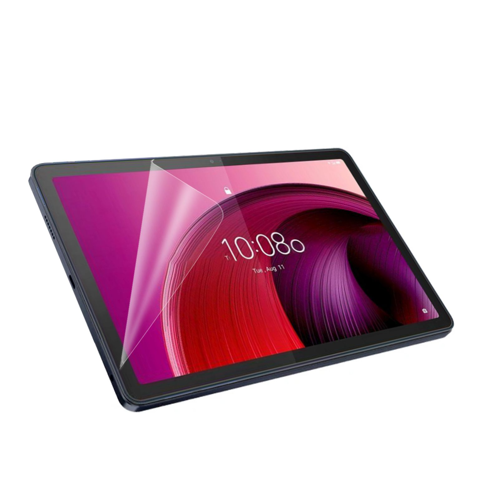 Tablet con protezione dello schermo, che mostra uno schermo con una sfumatura rosa e rossa.