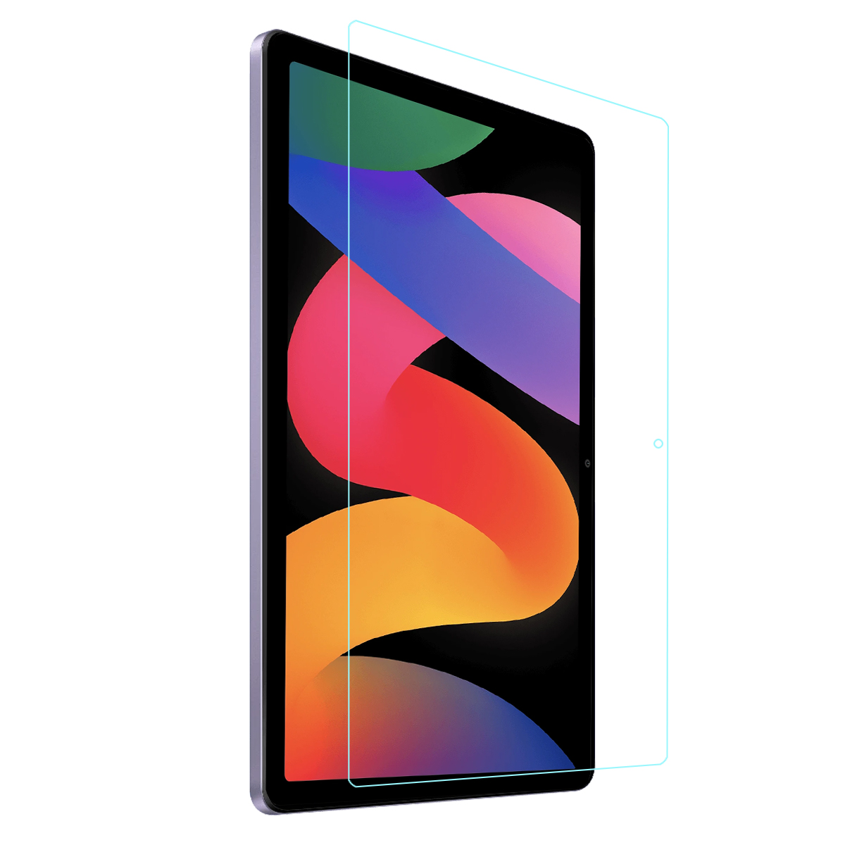 Un tablet con un proteggi schermo applicato, che mostra un'immagine astratta colorata.