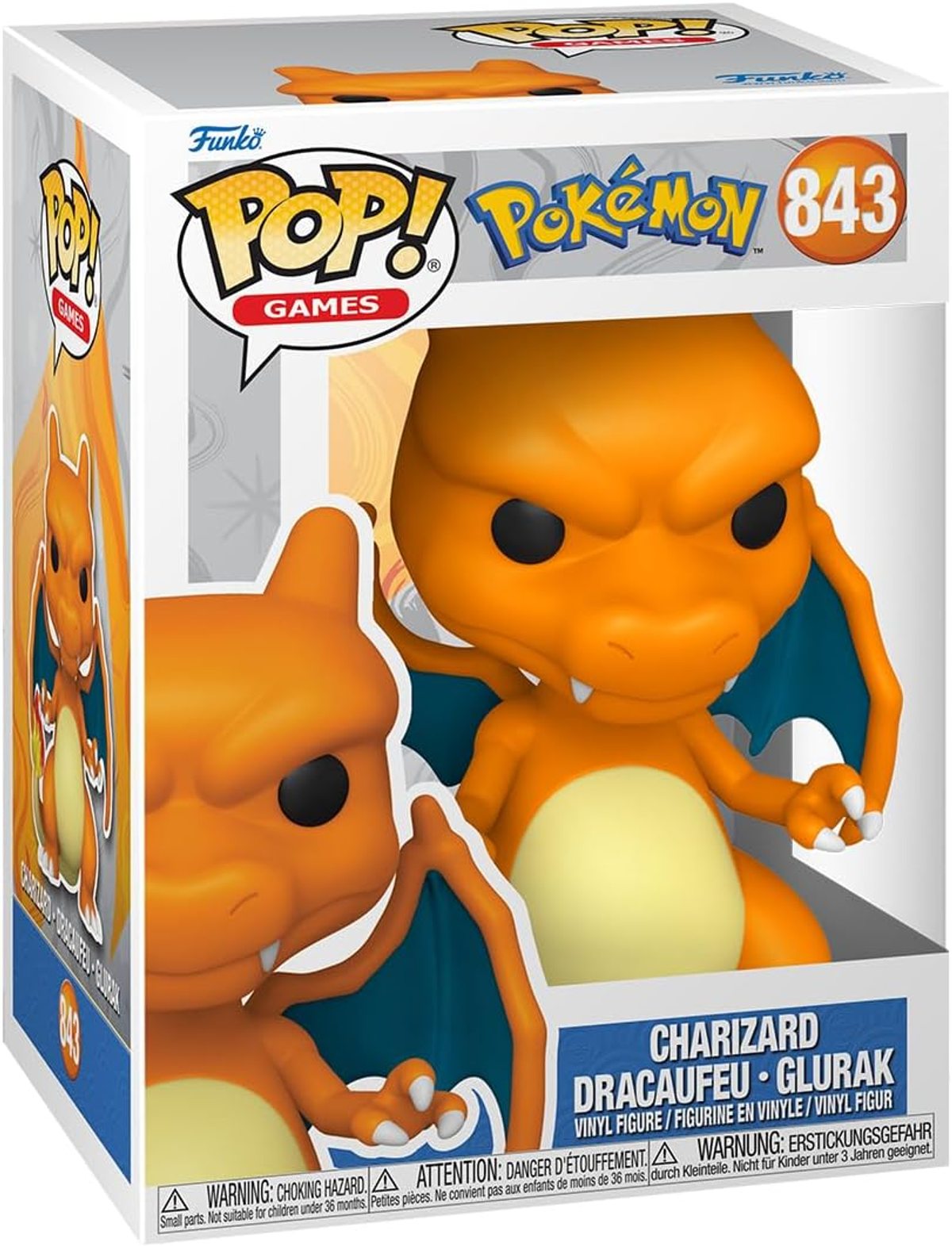 Eine Funko Pop!-Figur von Glurak in einer Box. Die Figur ist orange und blau.