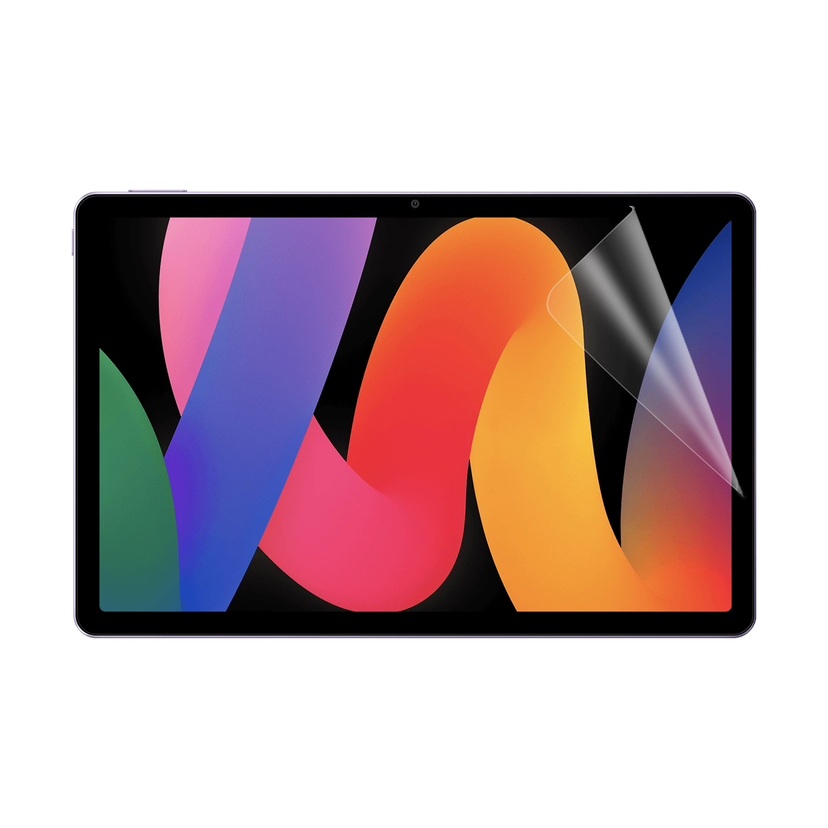 Tablet con protezione schermo. Lo schermo mostra forme astratte colorate. La protezione si sta staccando.