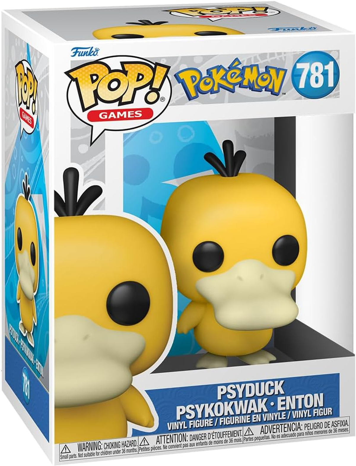 Eine Psyduck Funko Pop Figur in einer Box. Die Figur ist gelb mit schwarzen Merkmalen.