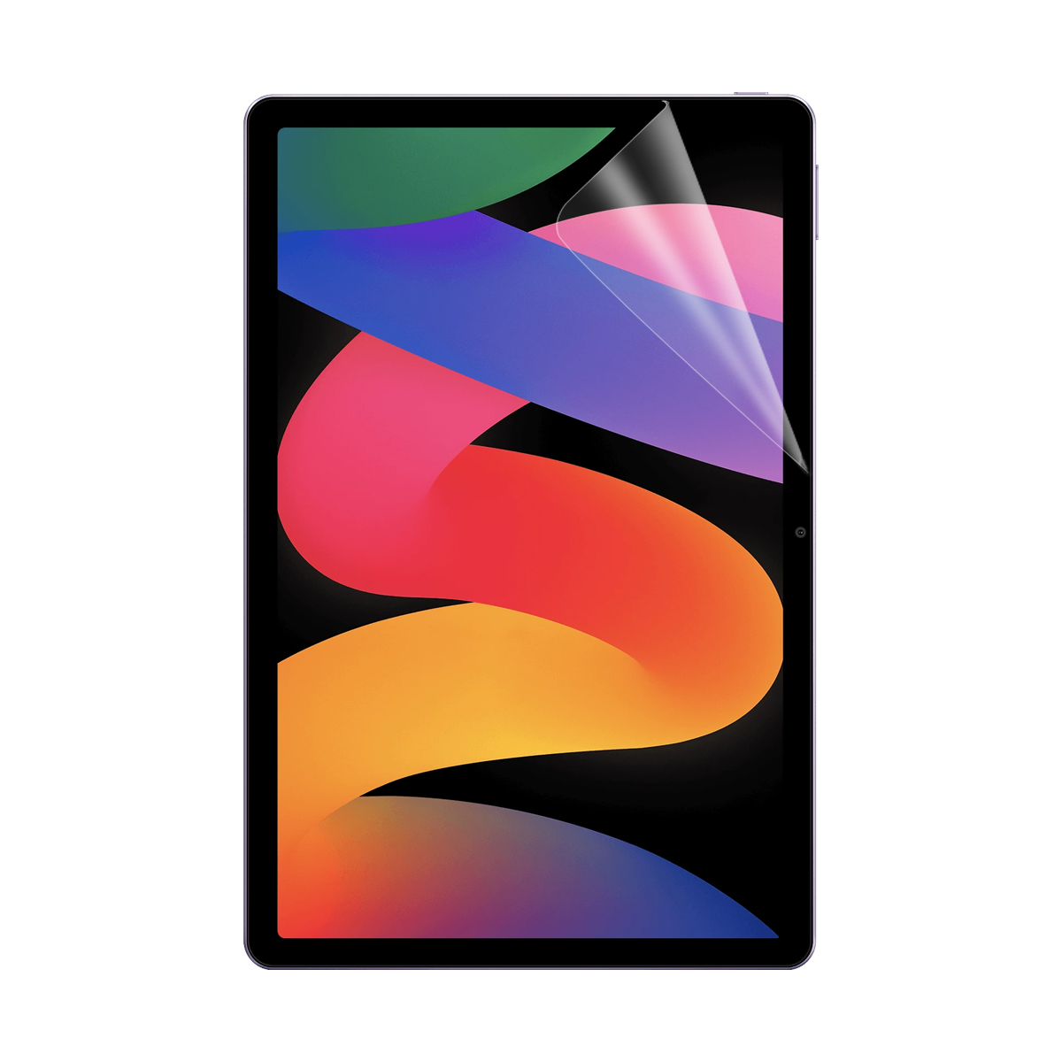 Tablet con protezione schermo, con un design colorato visibile attraverso lo strato protettivo.