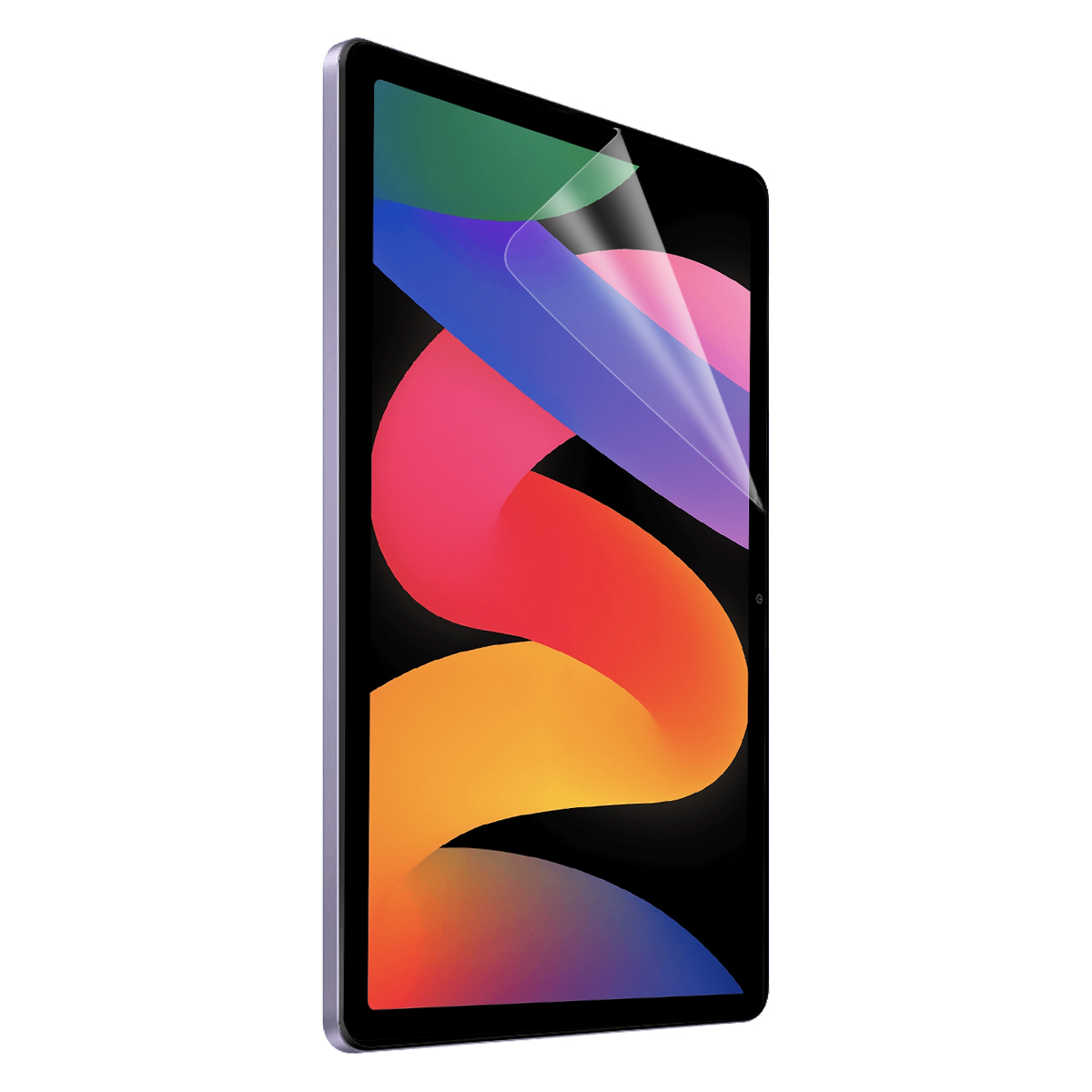 Un tablet con una protezione schermo applicata, che mostra un design astratto colorato.