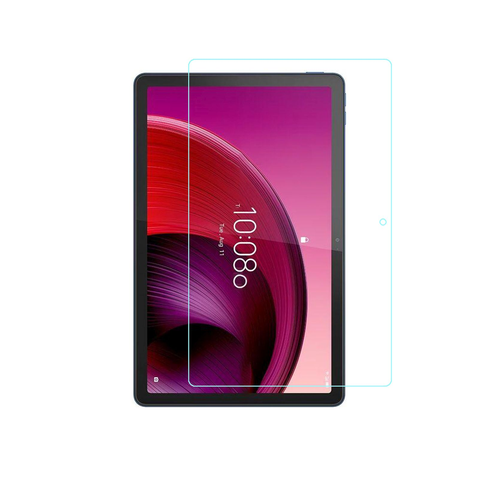 Un tablet con una protezione per lo schermo applicata su sfondo bianco, che mostra l'ora.