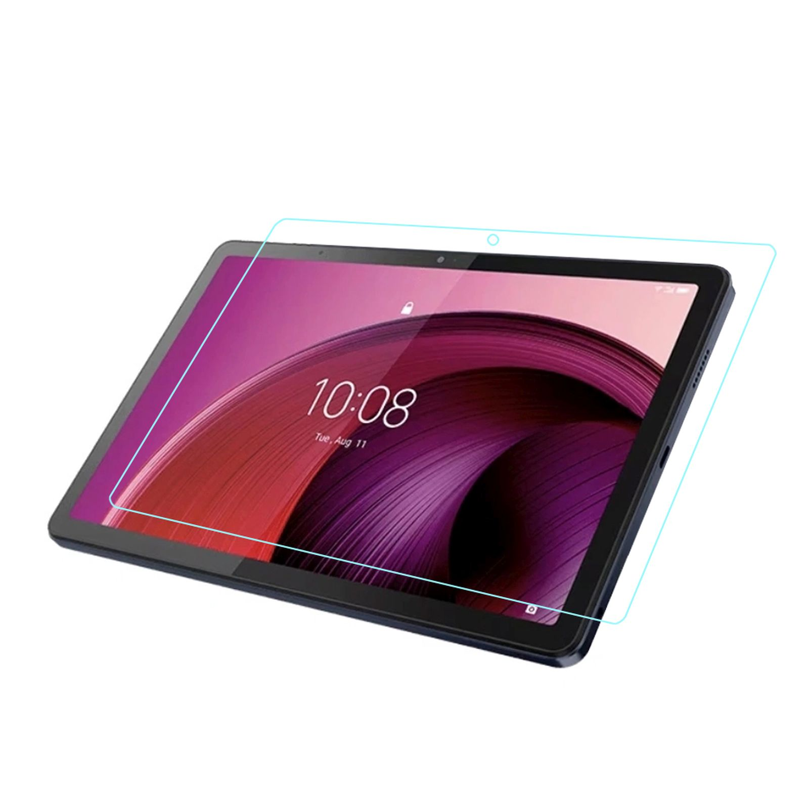 Tablet nero con protezione schermo. Lo schermo mostra ora e data. Sfondo bianco.