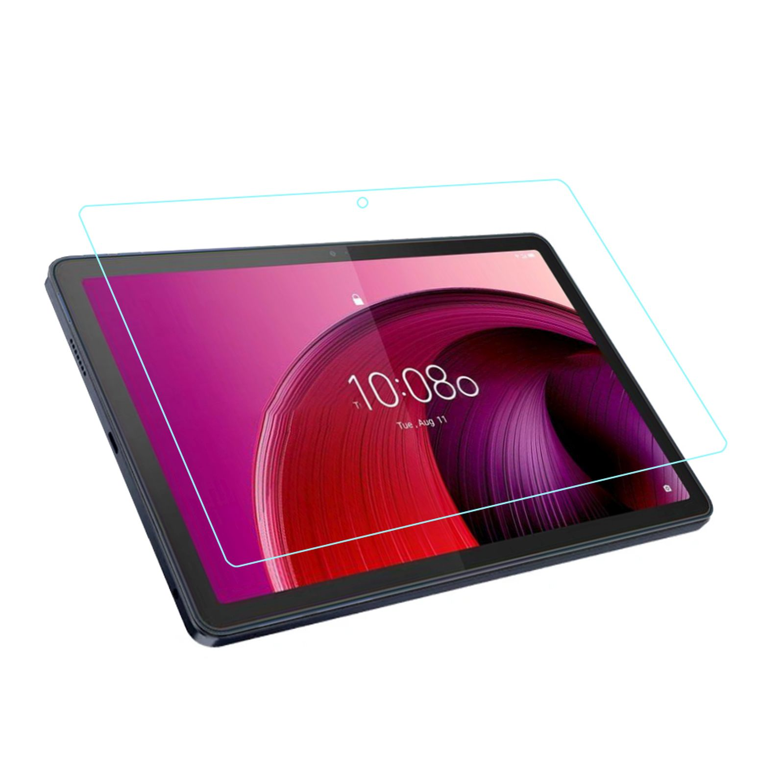 Un tablet con protezione schermo applicata, che mostra l'ora e la data.