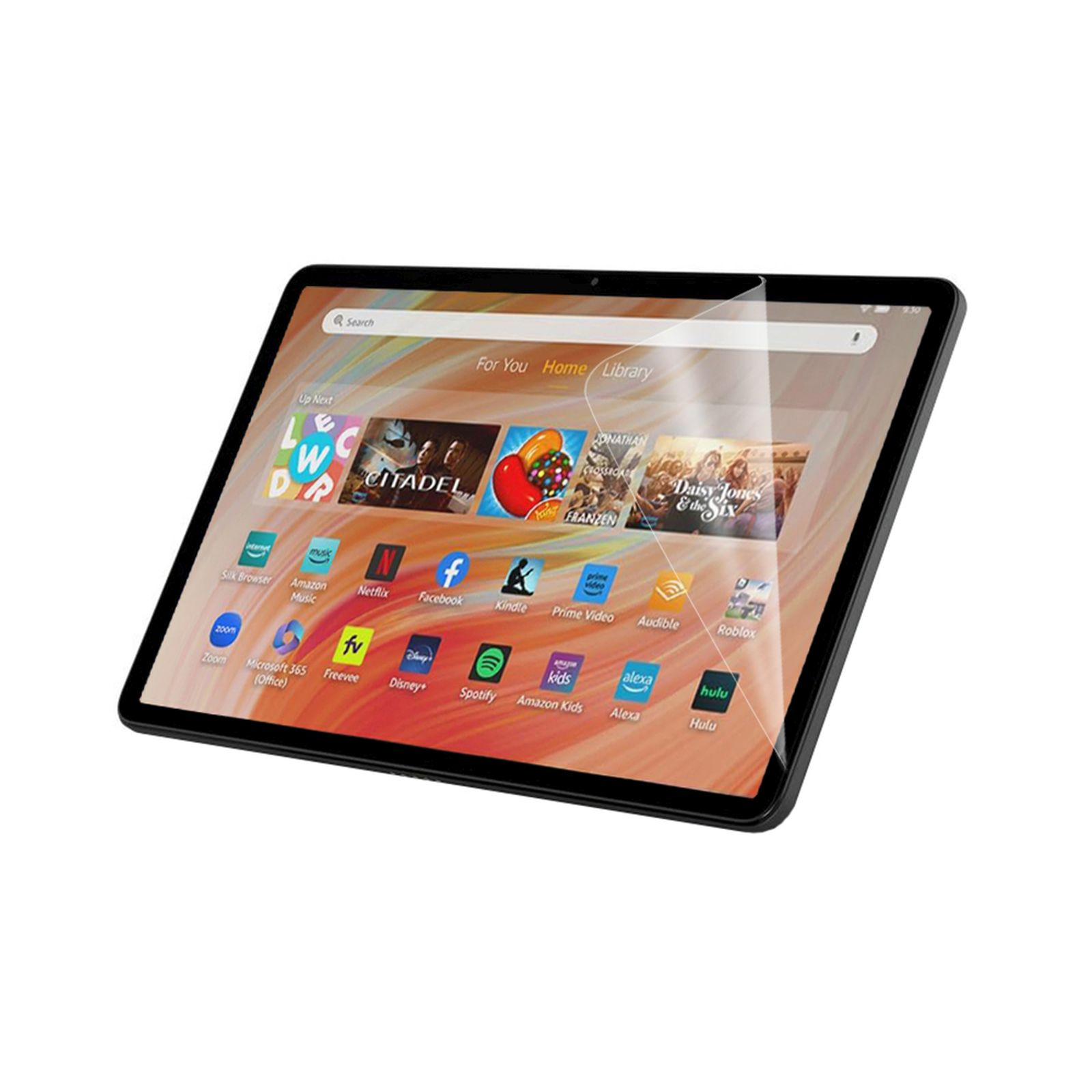 Tablet con protezione schermo applicata. Il tablet è nero e mostra icone di app sullo schermo.