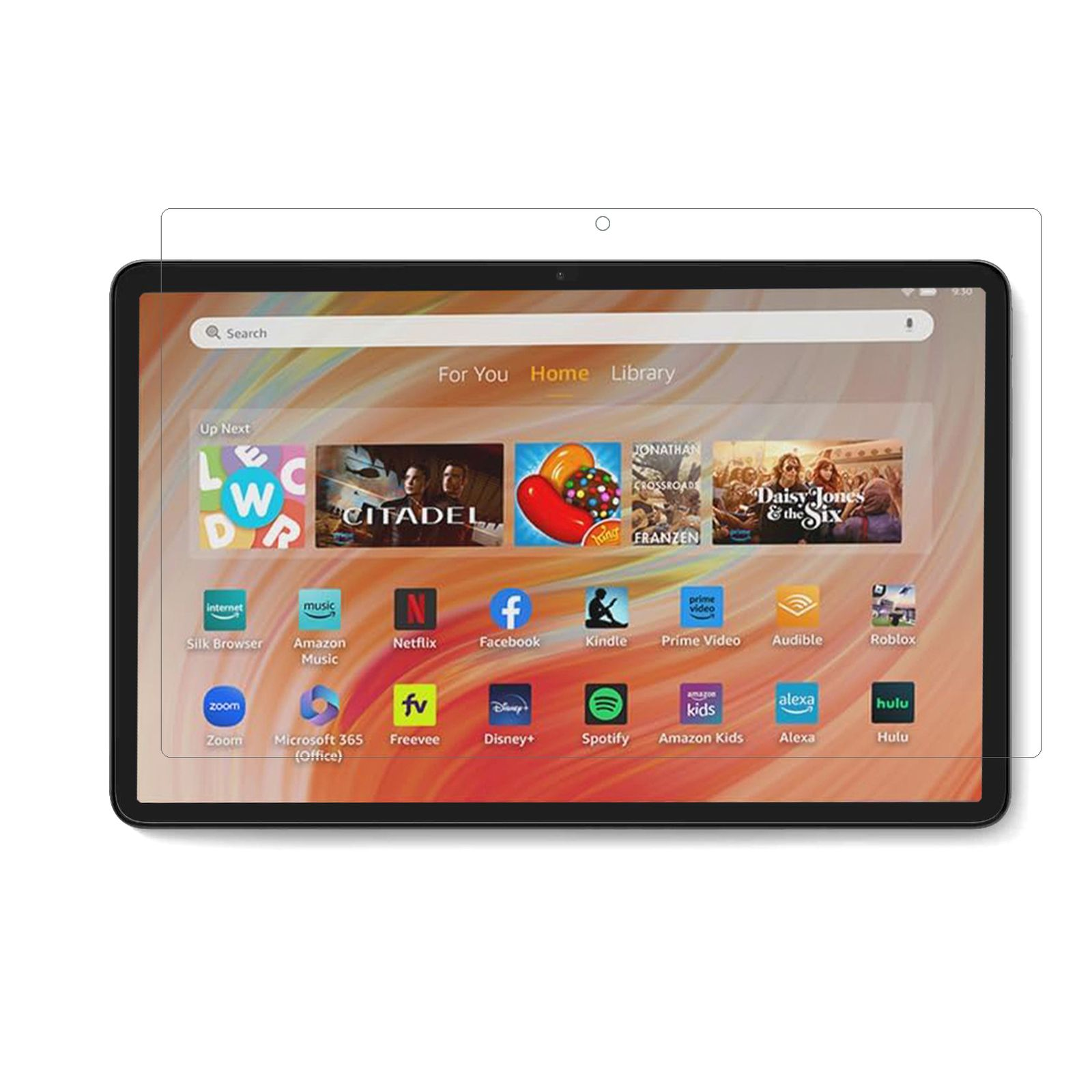 Tablet con protezione schermo, che mostra le icone delle app. Cornice nera, sfondo bianco.