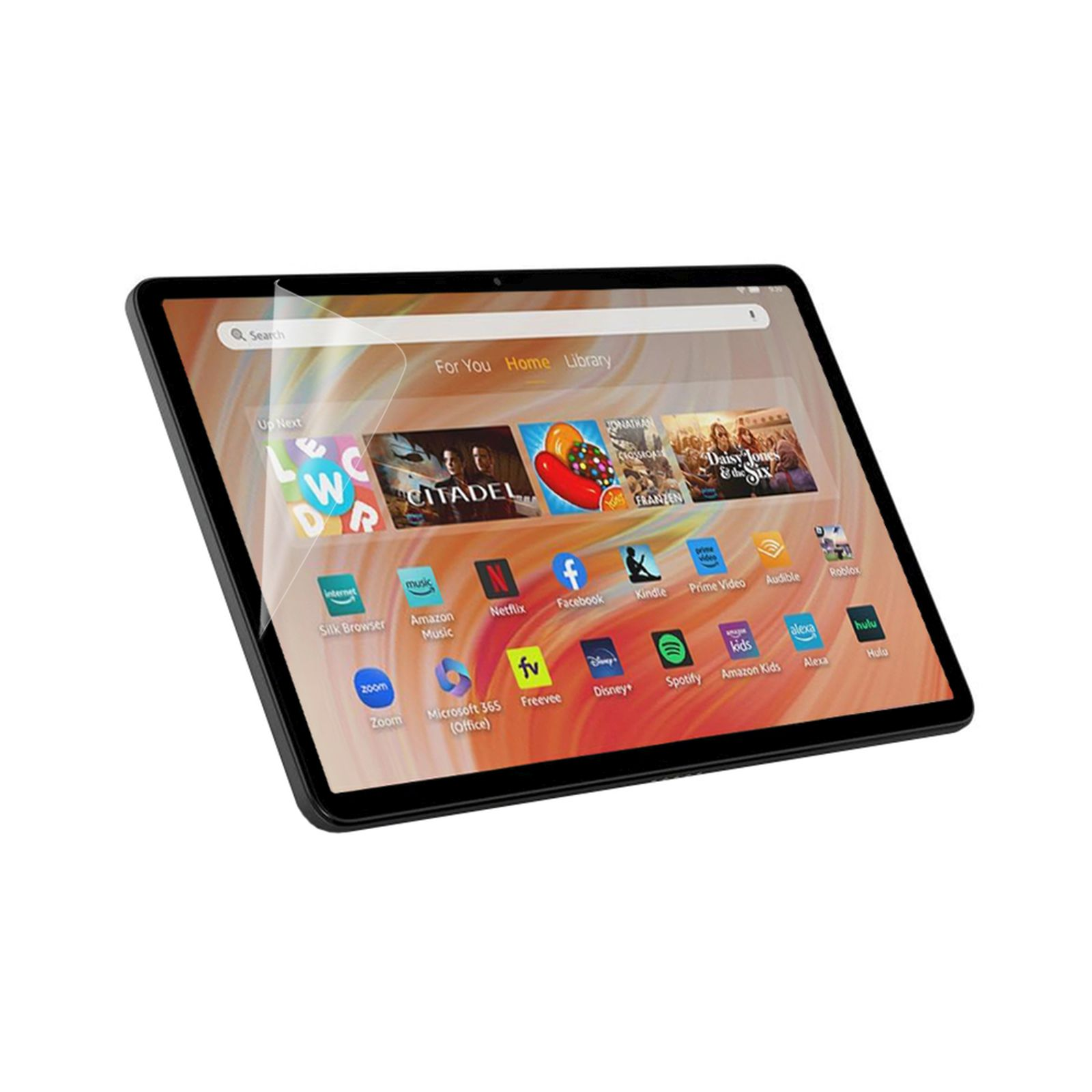 Tablet che mostra un'interfaccia di servizio di streaming. Il tablet è nero.