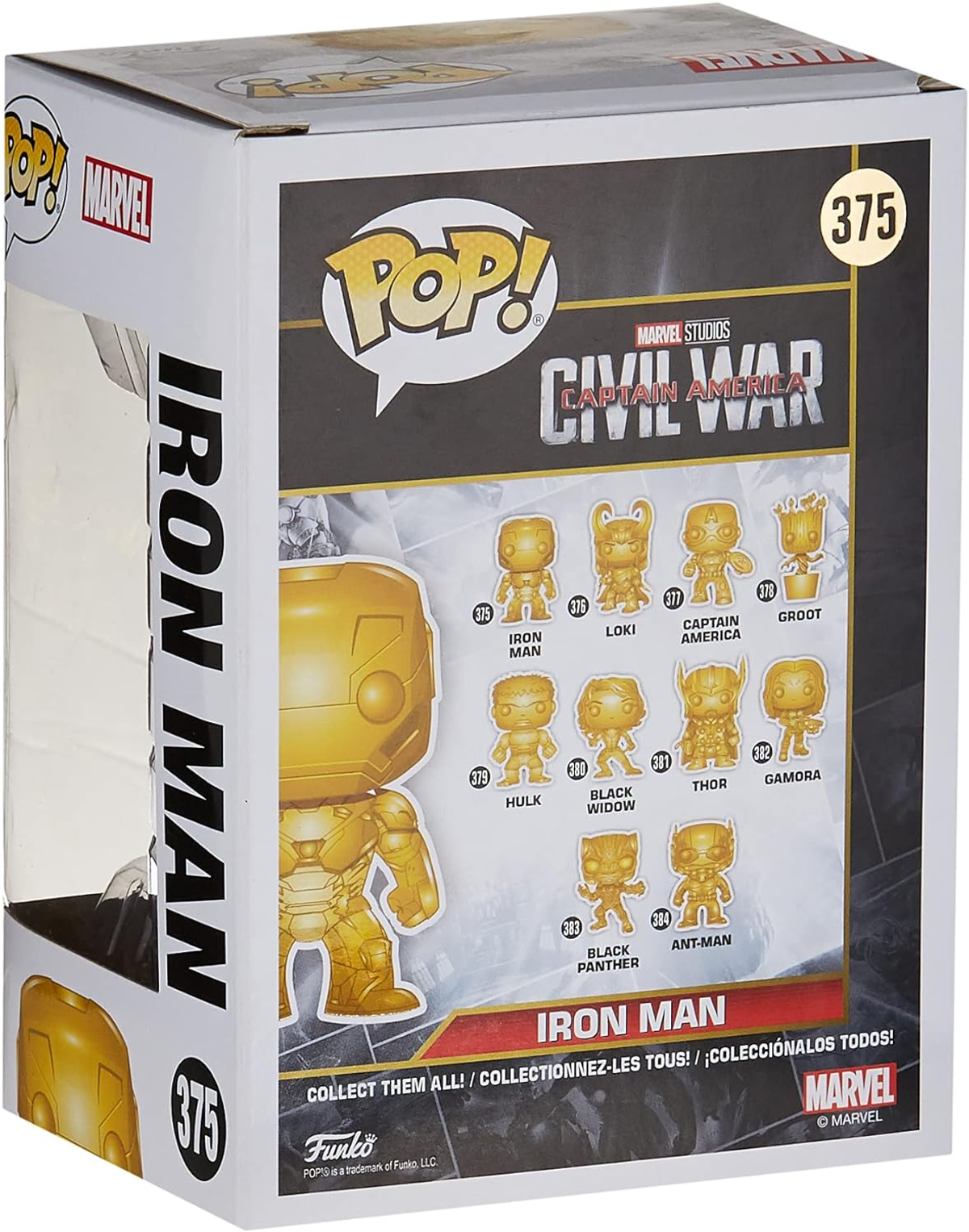 Retro di una scatola di action figure di Iron Man. Mostra varie figure del film Captain America: Civil War.