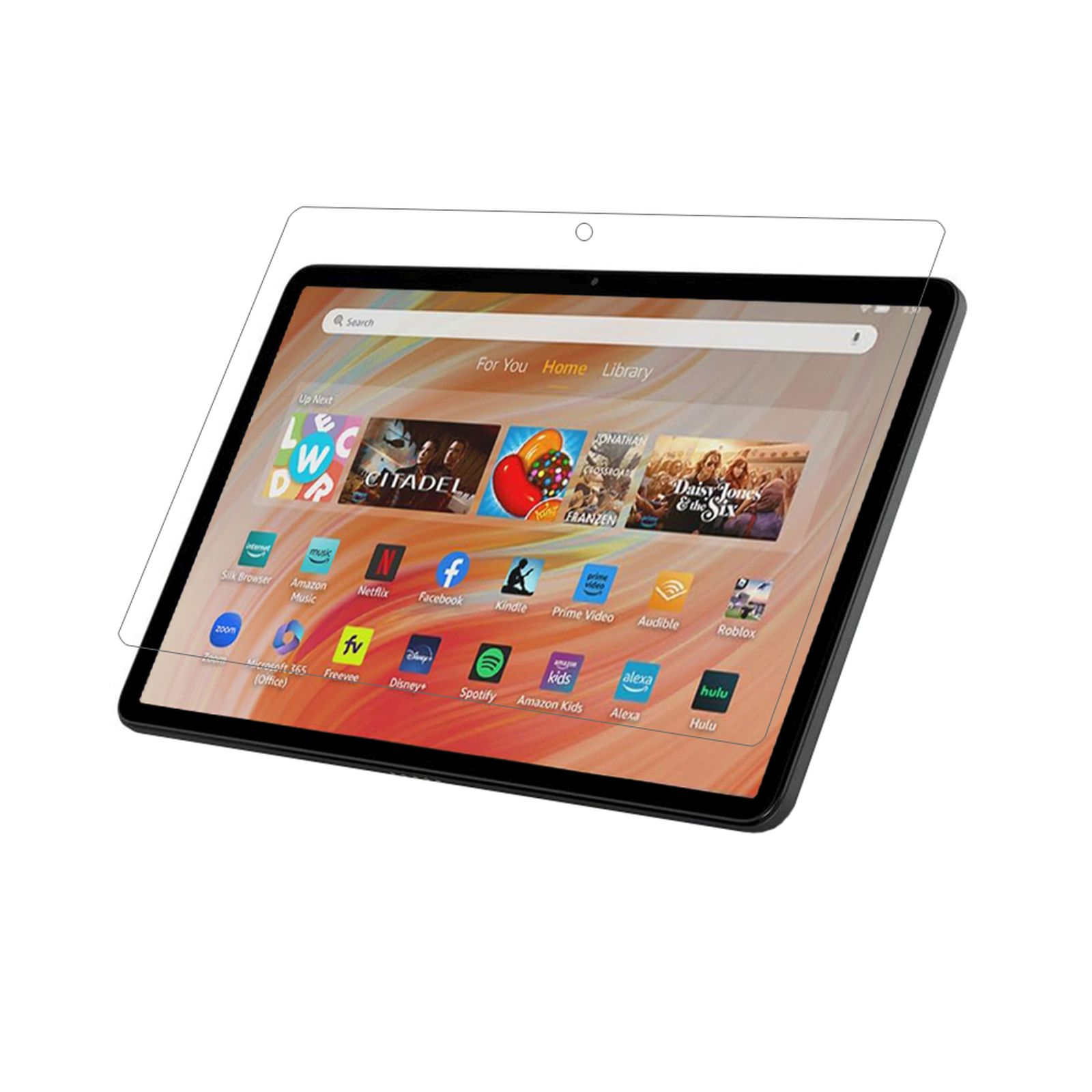 Un tablet con un proteggi schermo applicato. Lo schermo mostra le icone delle app.