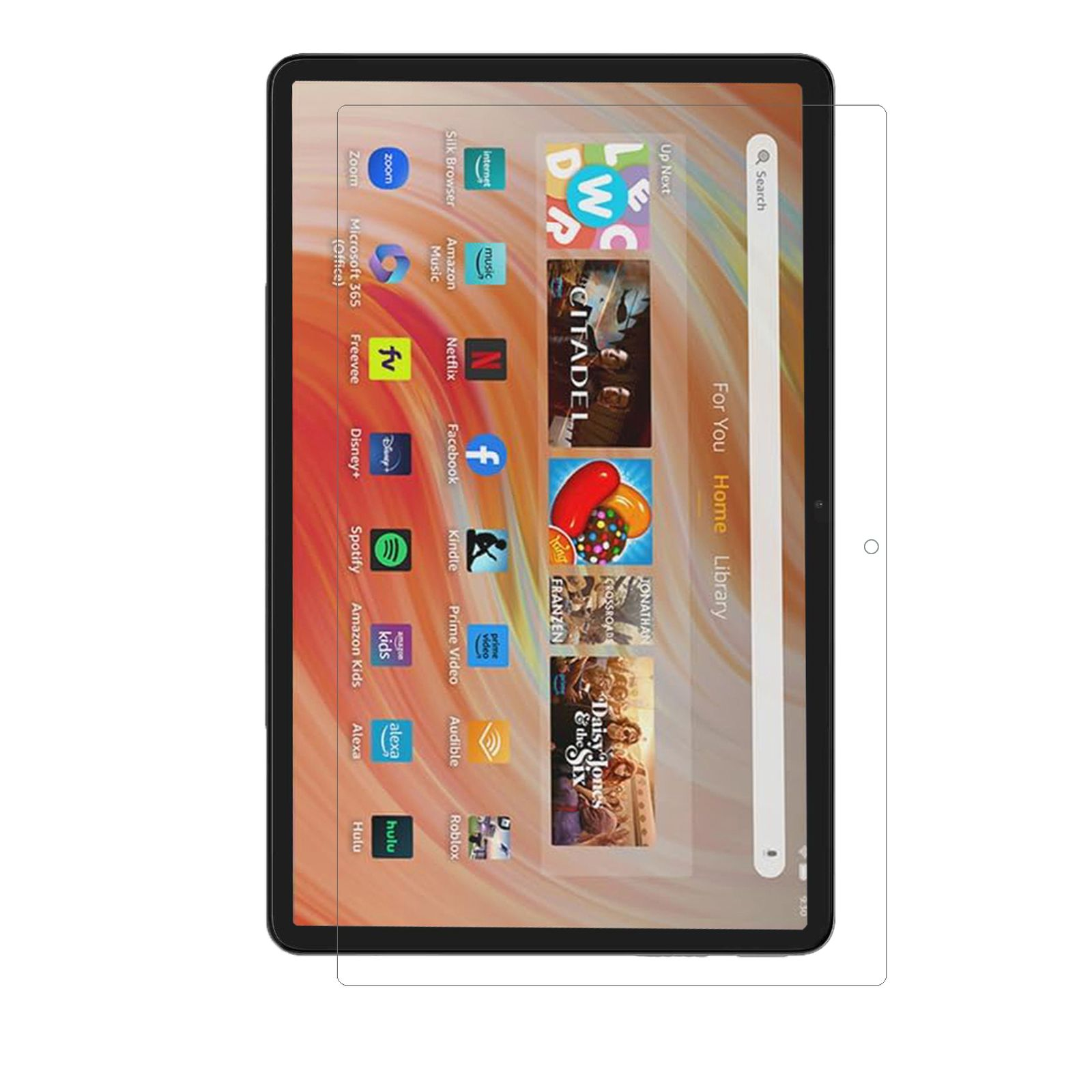 Schermo del tablet con icone delle app. Include app come Netflix, Spotify e Amazon Prime Video.