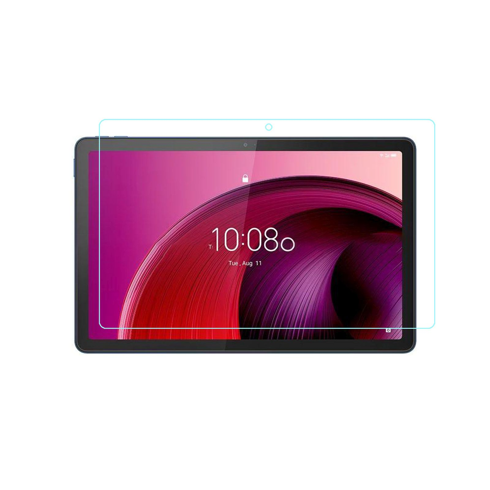 Tablet con una protezione per lo schermo applicata, che mostra l'ora e la data.