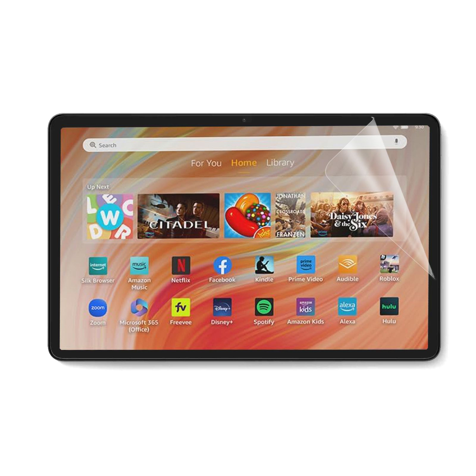 Uno schermo del tablet che mostra varie icone di app, tra cui Netflix, Facebook e Amazon.