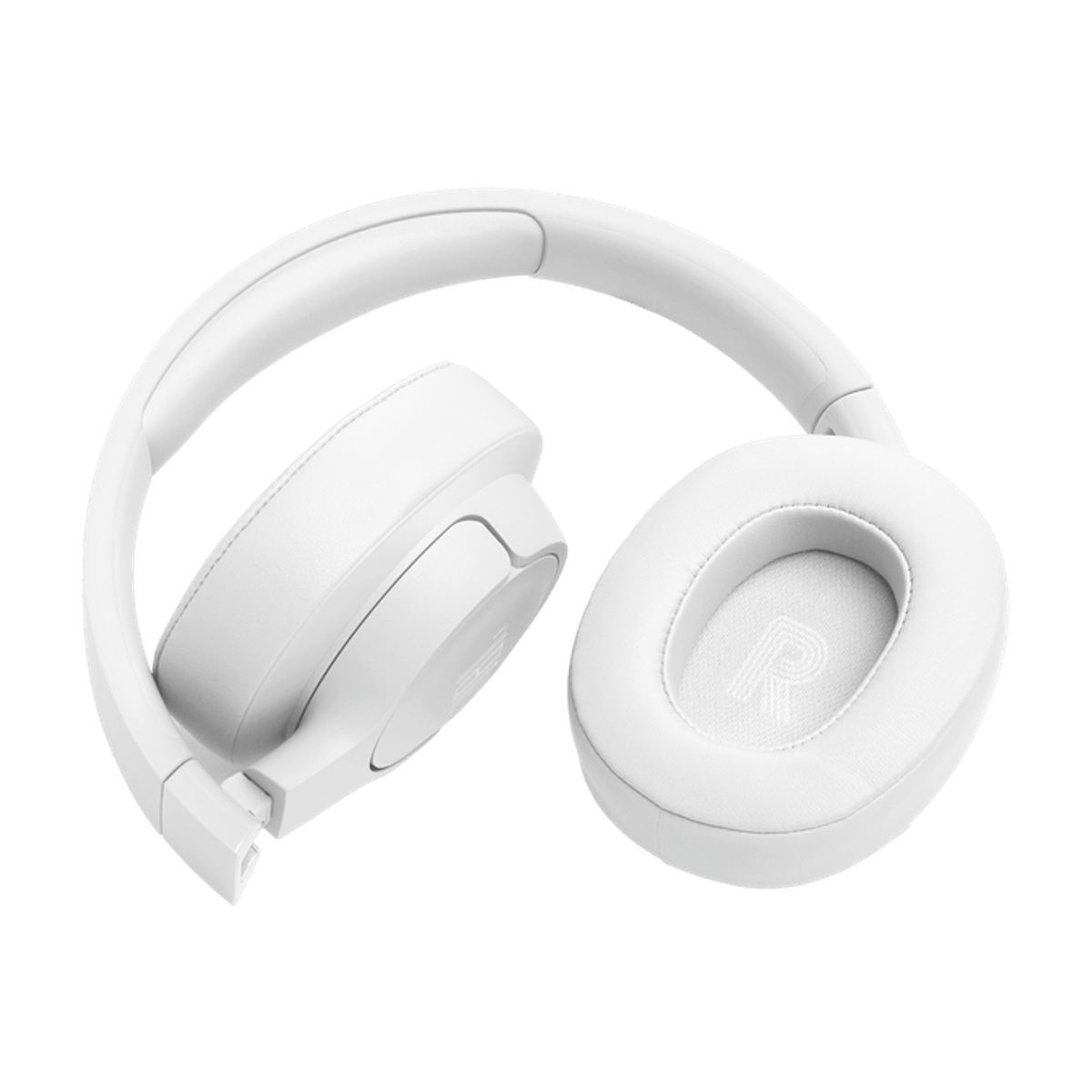 Weiße Kopfhörer gefaltet, abgewinkelt. Die Ohrmuscheln sind oval, mit einem 'R'.