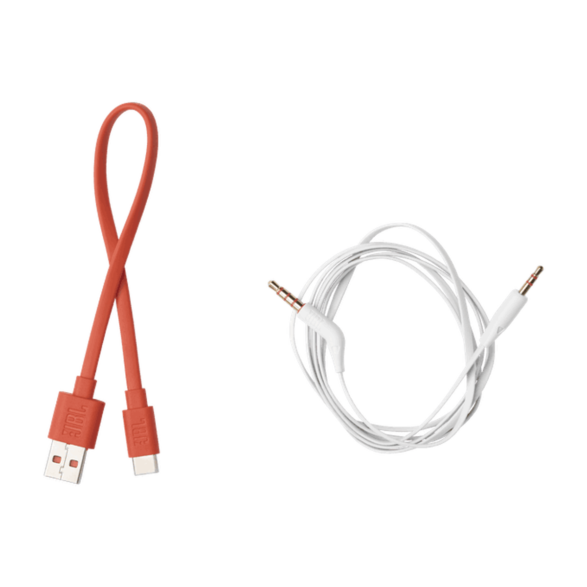 Zwei Kabel: ein orangefarbenes USB-zu-Typ-C-Kabel und ein weißes Kabel mit zwei Audioanschlüssen.