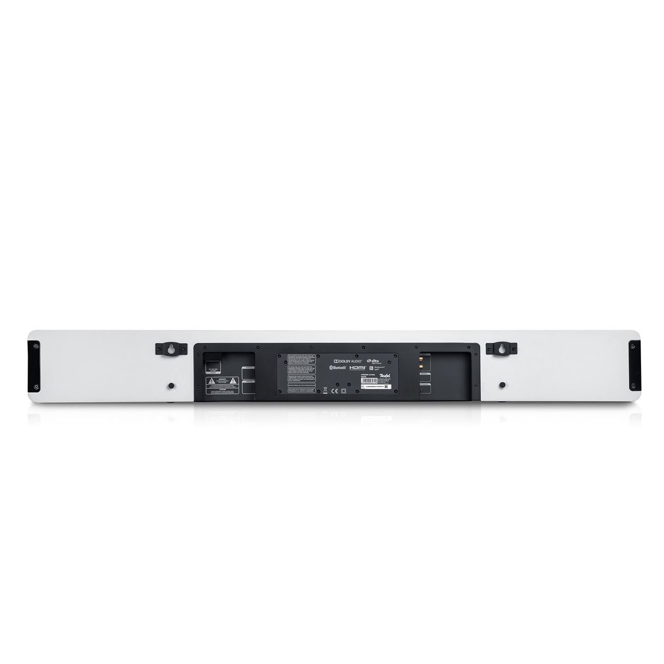 Weiße Soundbar mit Anschlüssen auf der Rückseite, auf weißem Hintergrund.