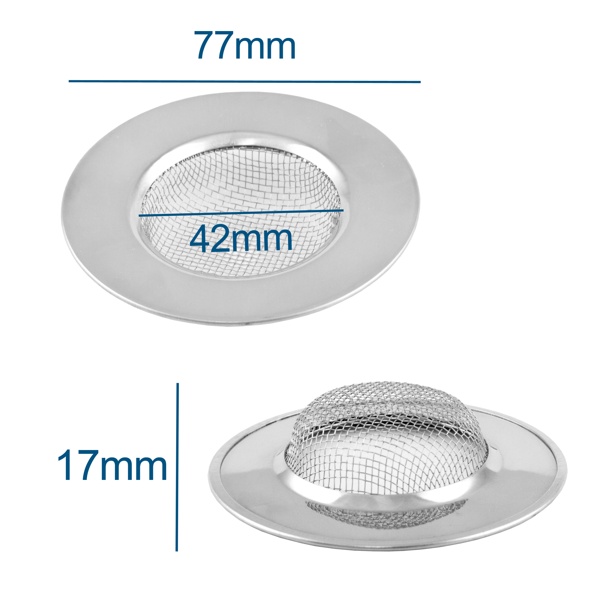 Zwei Edelstahl-Spülsieb. Maschenfilter. Abmessungen: 77mm, 42mm und 17mm.