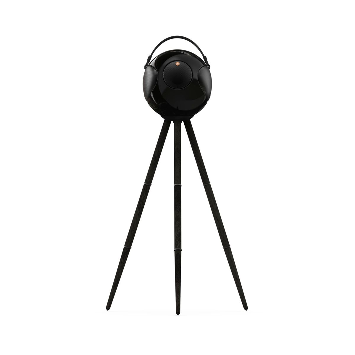 Czarny głośnik na statywie na białym tle. Ma okrągły kształt.