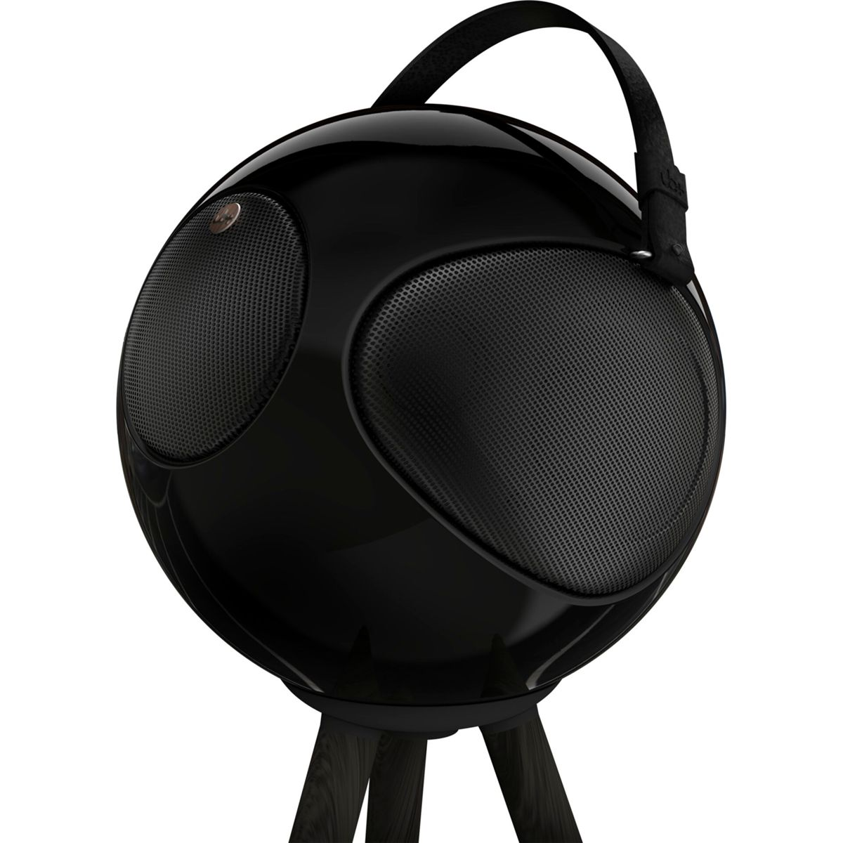 Czarny, okrągły głośnik z dwiema kratkami głośnikowymi, uchwytem i podstawą statywu.