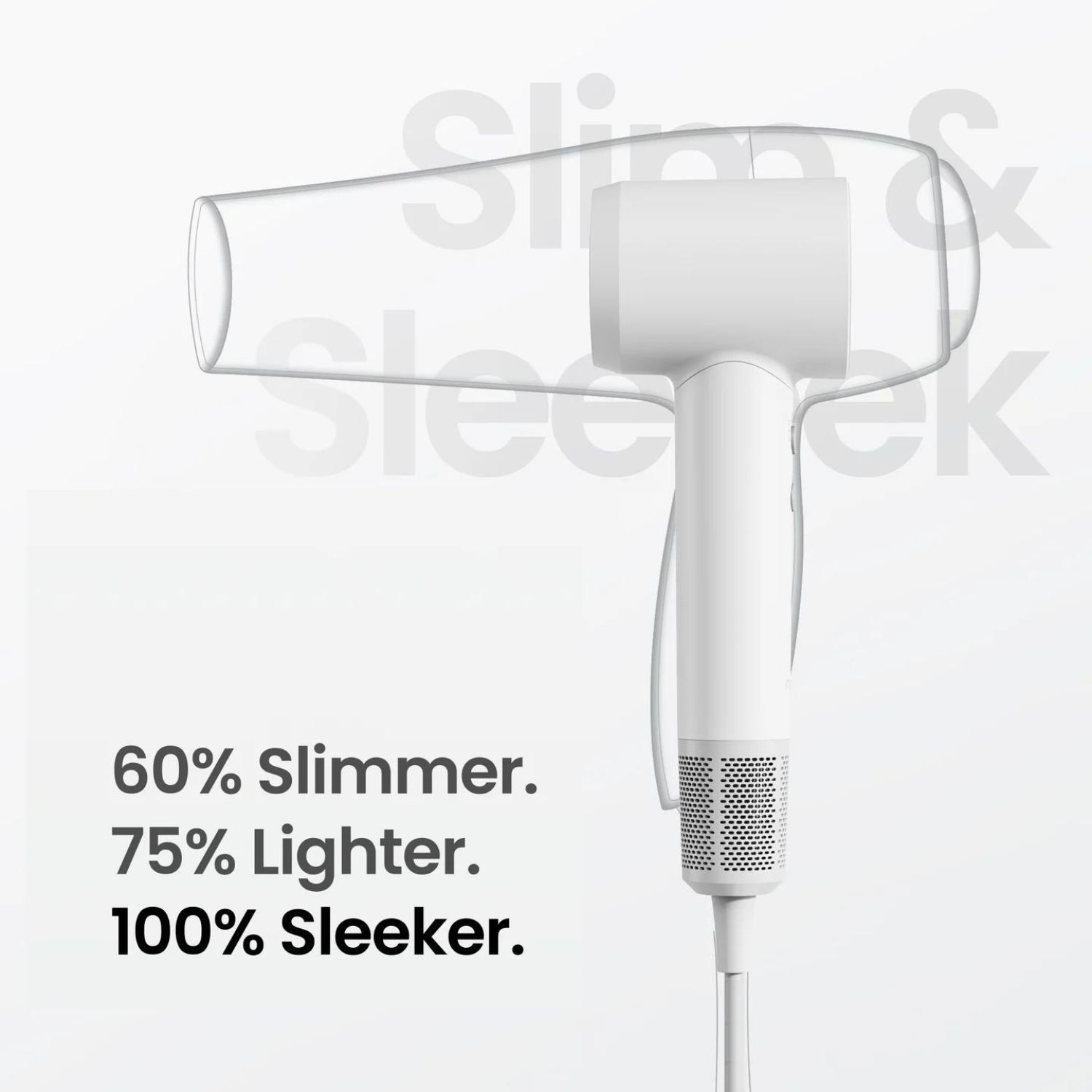 Gráfico de secador blanco con texto: 60% más delgado. 75% más ligero. 100% más elegante.