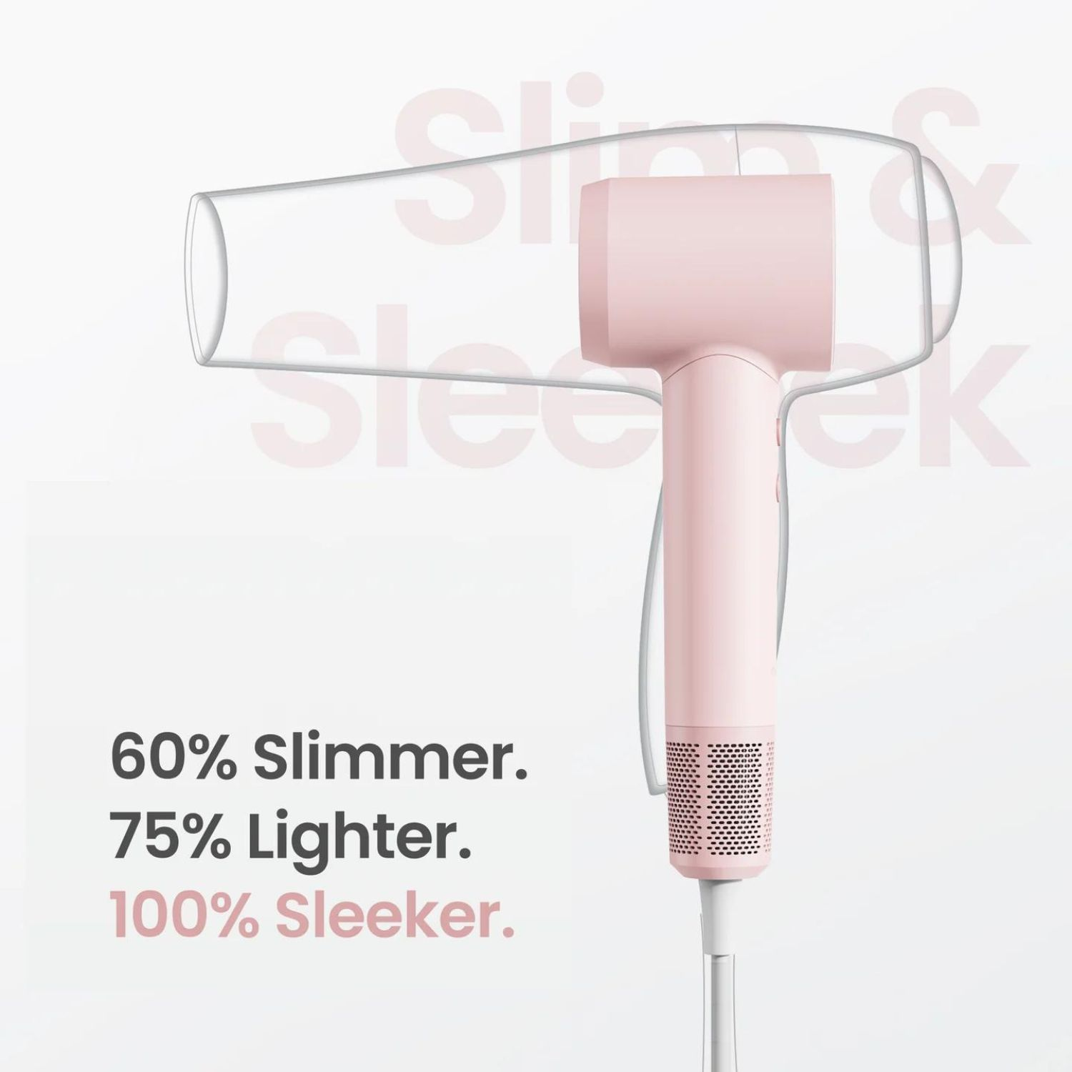 Un asciugacapelli rosa. Ha un design elegante. Il testo dice: 60% più sottile, 75% più leggero, 100% più elegante.