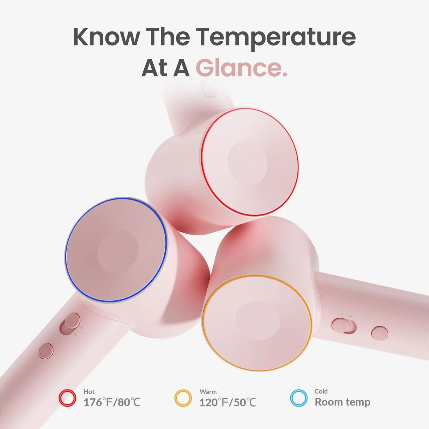 Asciugacapelli rosa con cerchi che mostrano temperature calde, tiepide e fredde. Testo: "Conosci la temperatura".
