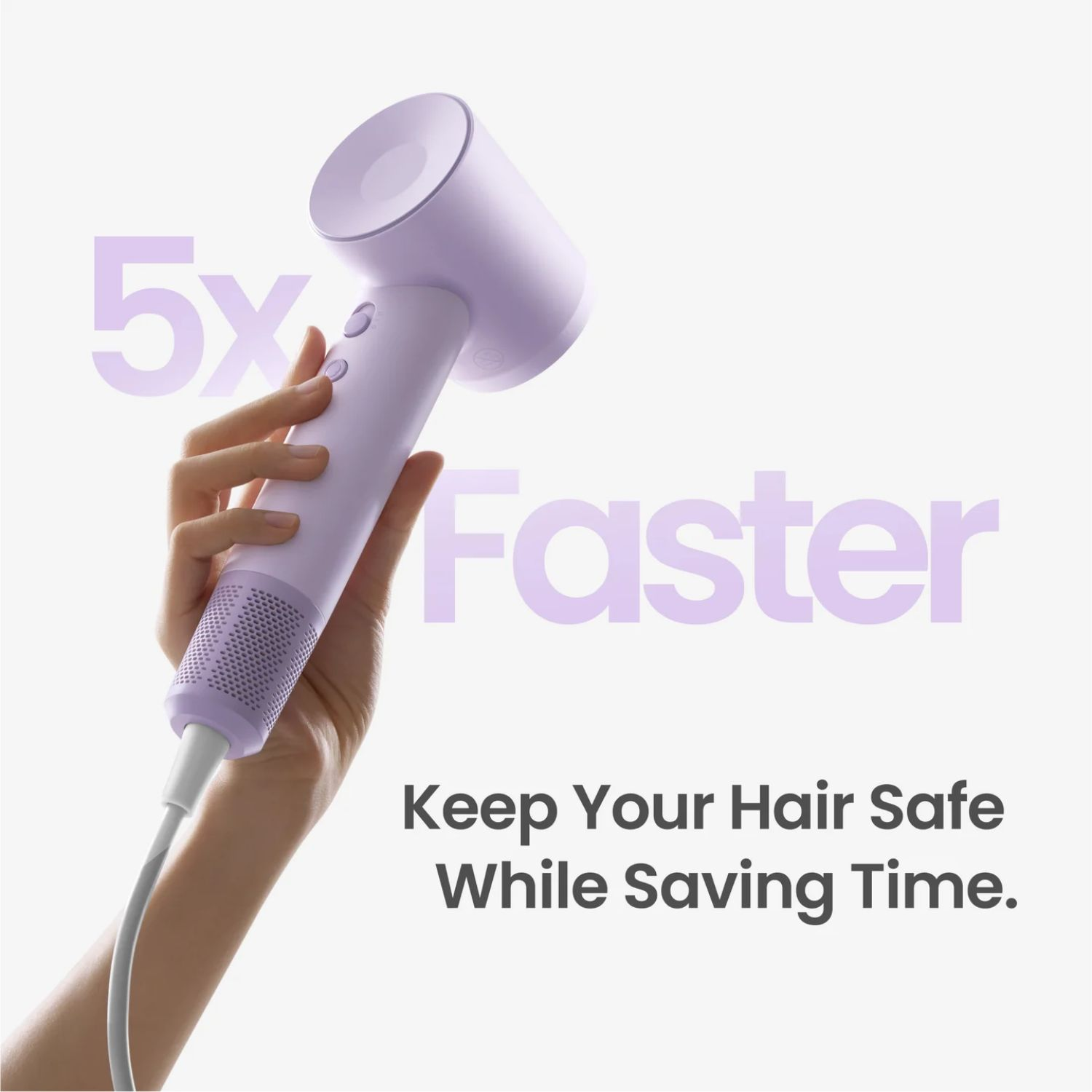 Mano sosteniendo un secador de pelo lavanda. El texto dice '5x más rápido'. Cuida tu cabello y ahorra tiempo.