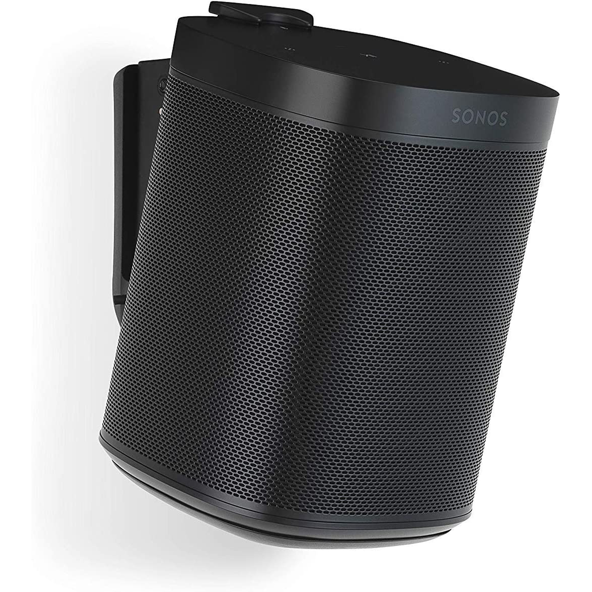 Ein schwarzer Sonos-Lautsprecher, der an einer Wand mit schrägem Design montiert ist.