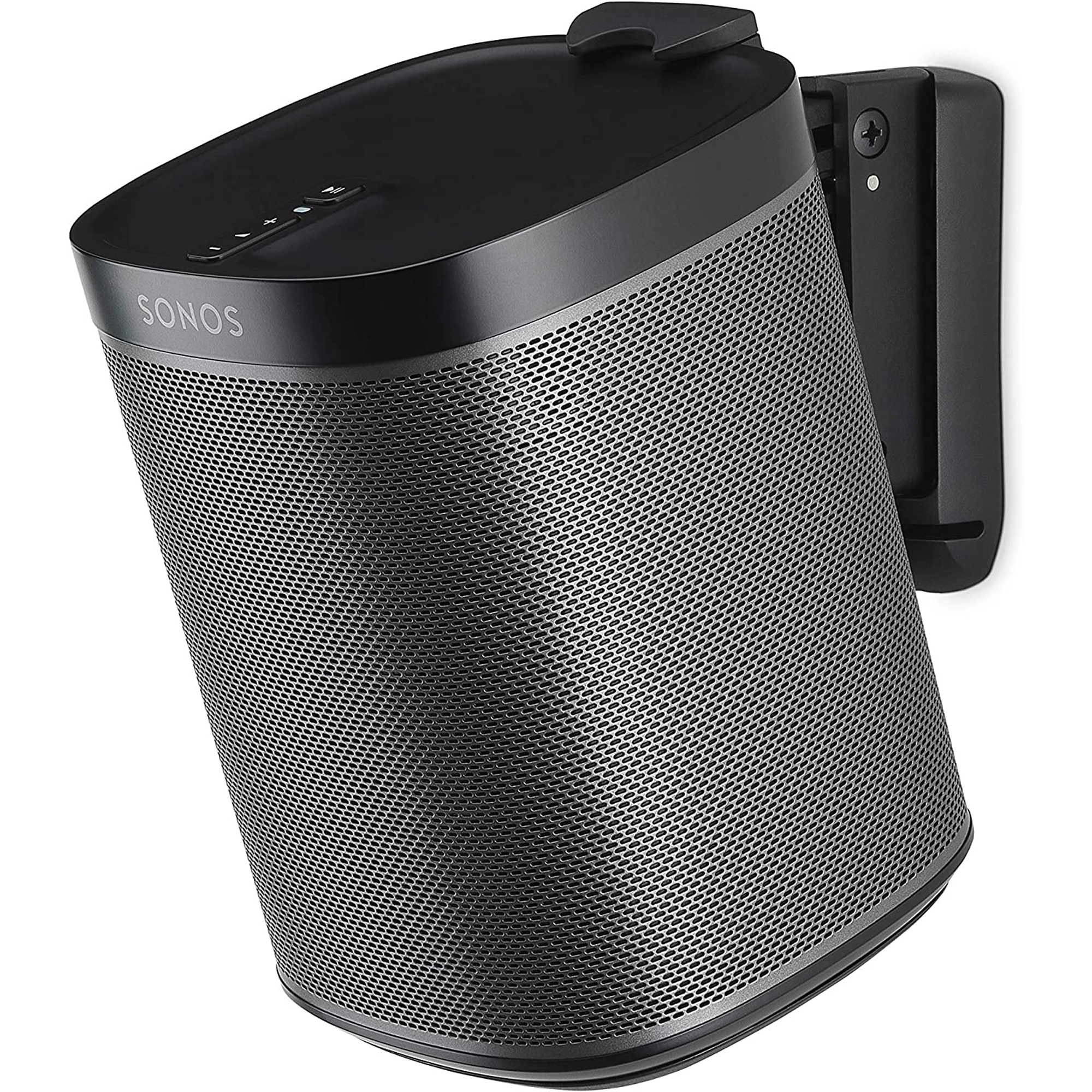 Schwarzer Sonos-Lautsprecher mit silbernem Gitter, an einer Wandhalterung befestigt. Der Lautsprecher hat Knöpfe.